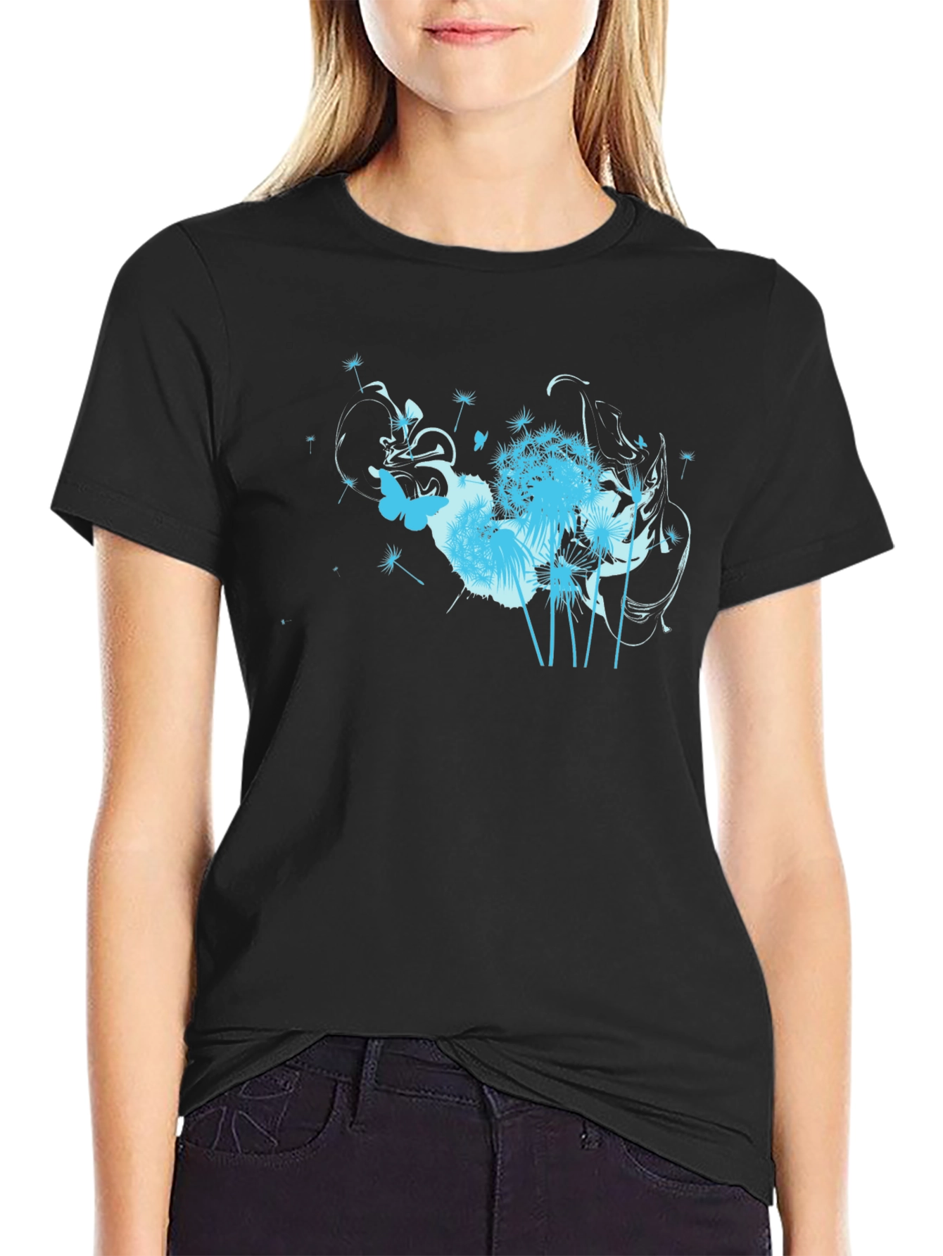 Black T-Shirt with Floral Butterfly Design