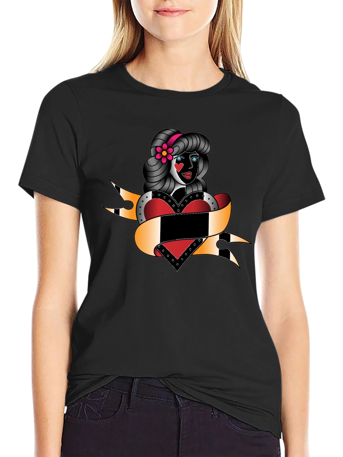 Retro Tattoo Girl Black T-Shirt