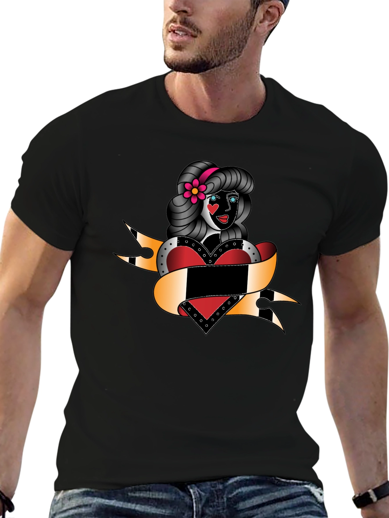 Retro Tattoo Girl Black T-Shirt