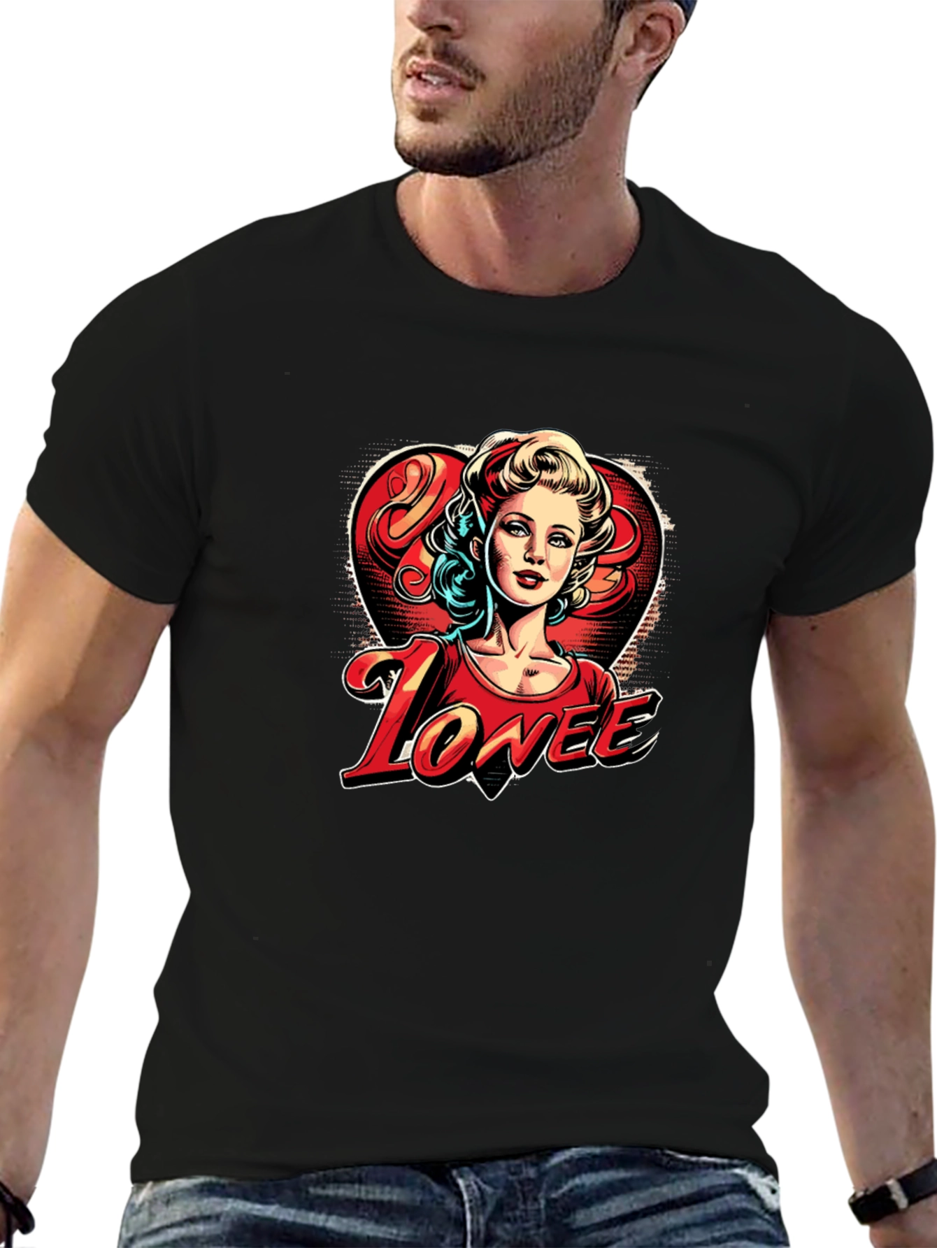 Lovee Retro Heart Graphic Black T-Shirt