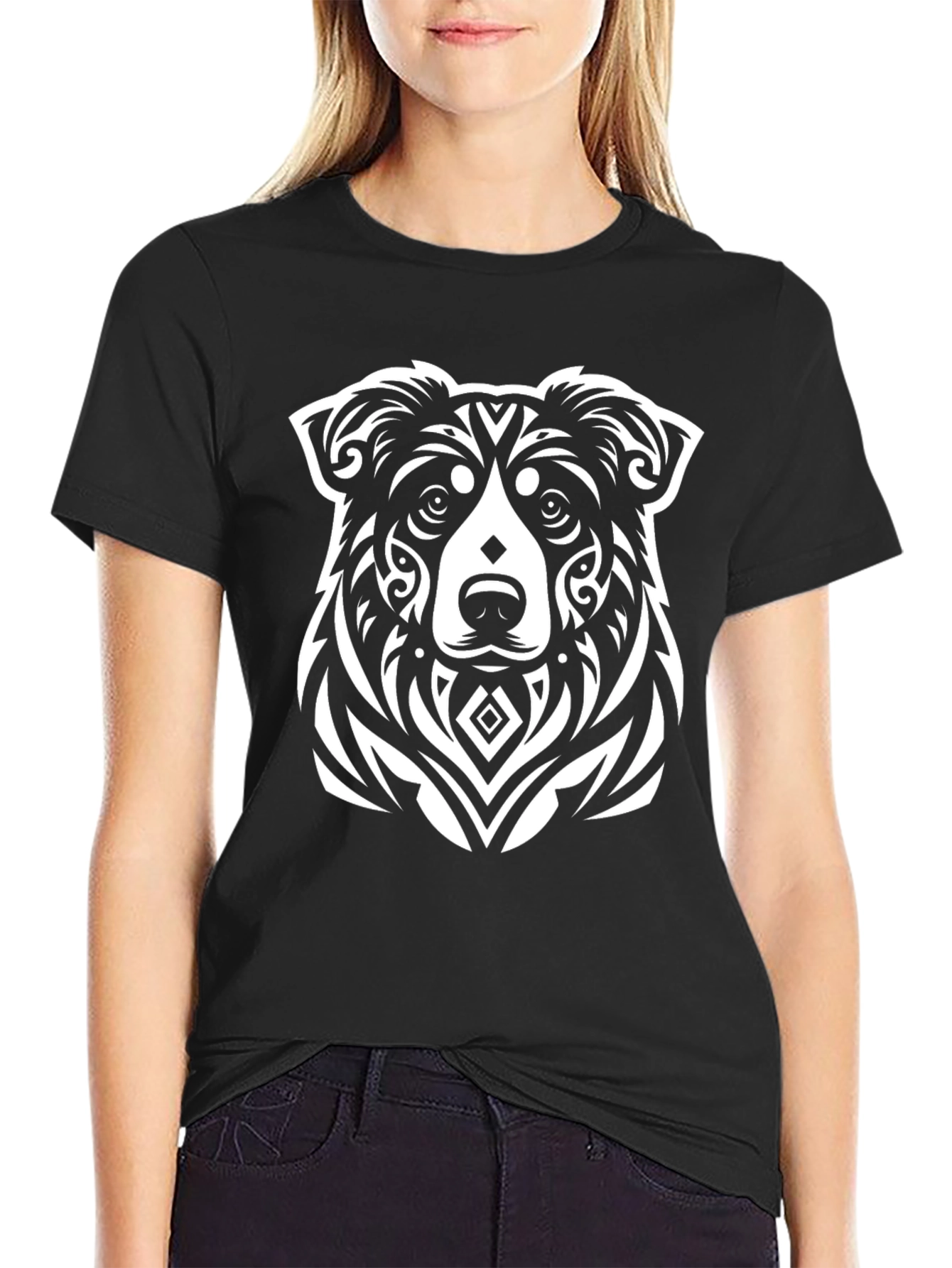 Tribal Dog Graphic Tee - Black Cotton T-Shirt