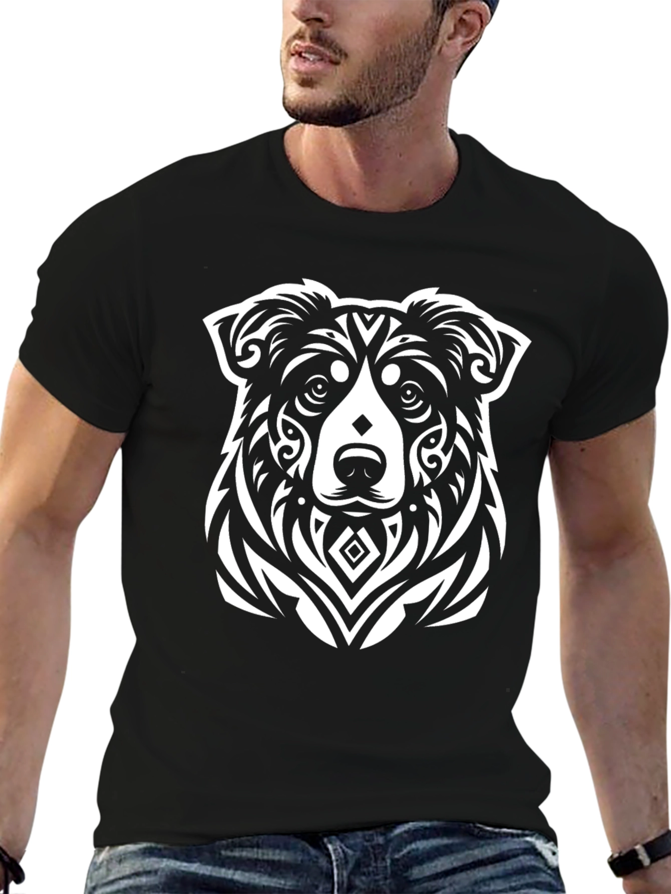 Tribal Dog Graphic Tee - Black Cotton T-Shirt