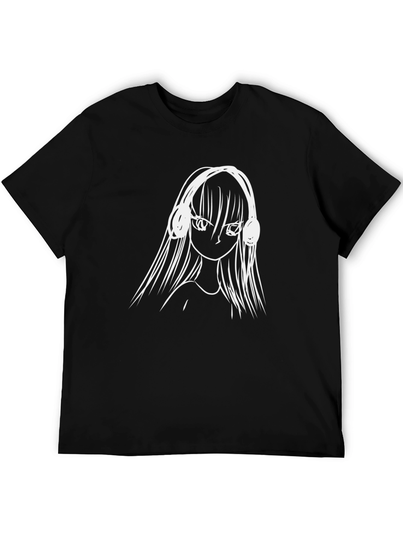 Anime Girl Headphones Graphic Tee - Black Cotton T-Shirt