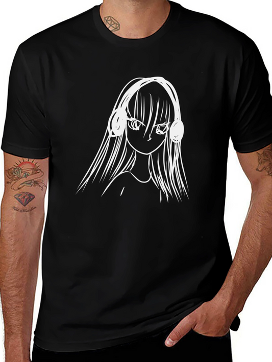Anime Girl Headphones Graphic Tee - Black Cotton T-Shirt