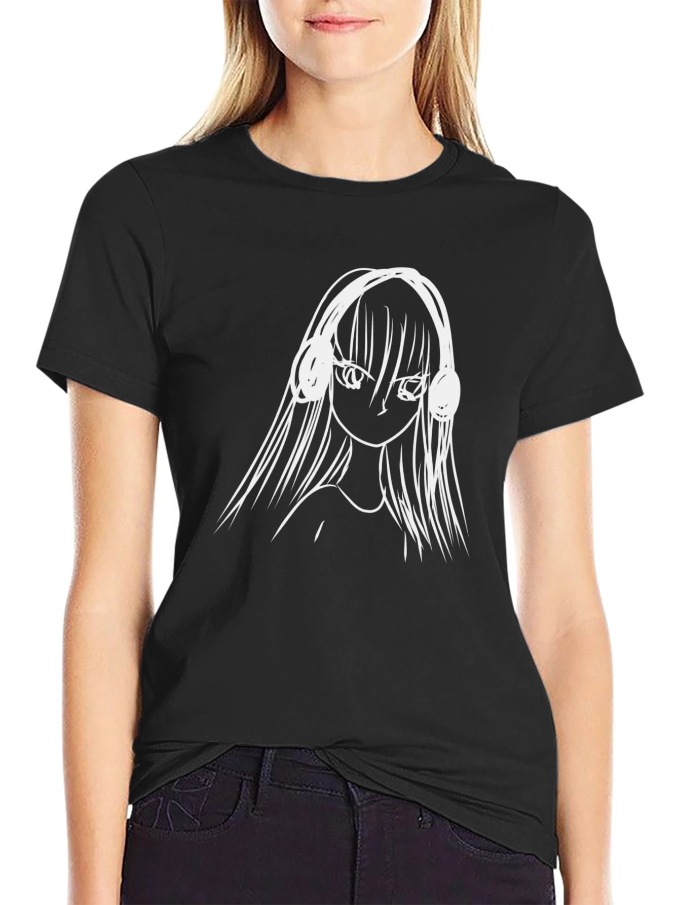 Anime Girl Headphones Graphic Tee - Black Cotton T-Shirt