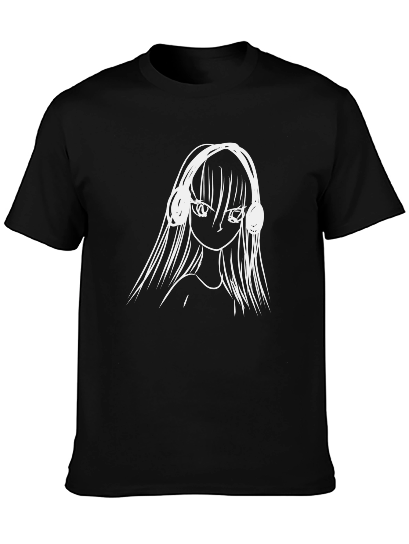 Anime Girl Headphones Graphic Tee - Black Cotton T-Shirt
