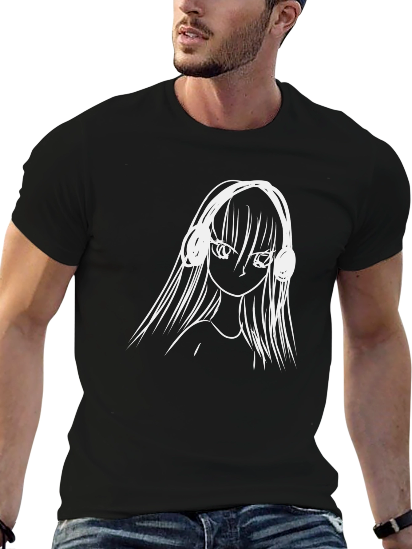 Anime Girl Headphones Graphic Tee - Black Cotton T-Shirt