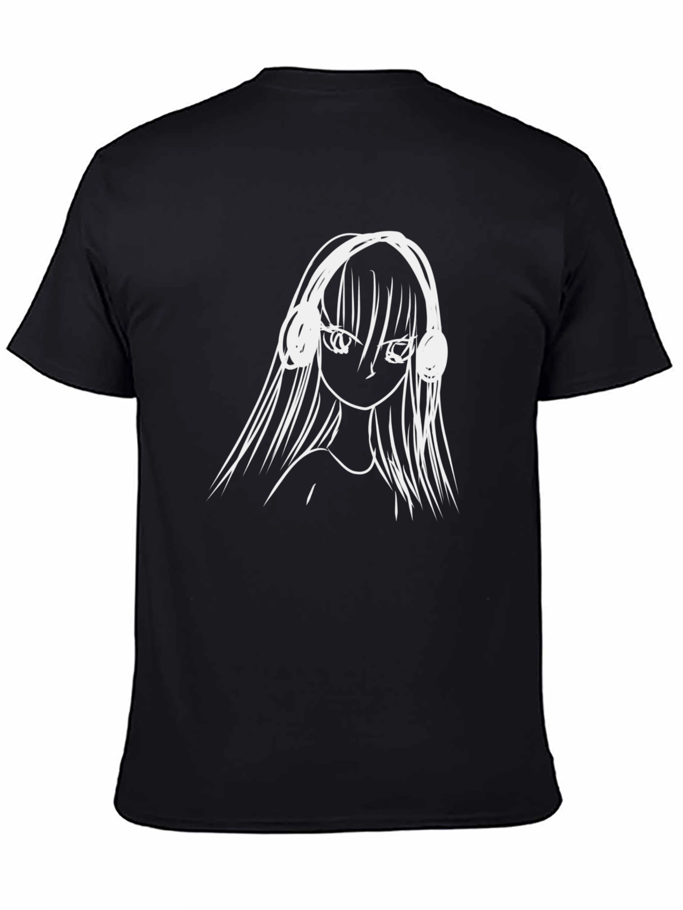 Anime Girl Headphones Graphic Tee - Black Cotton T-Shirt