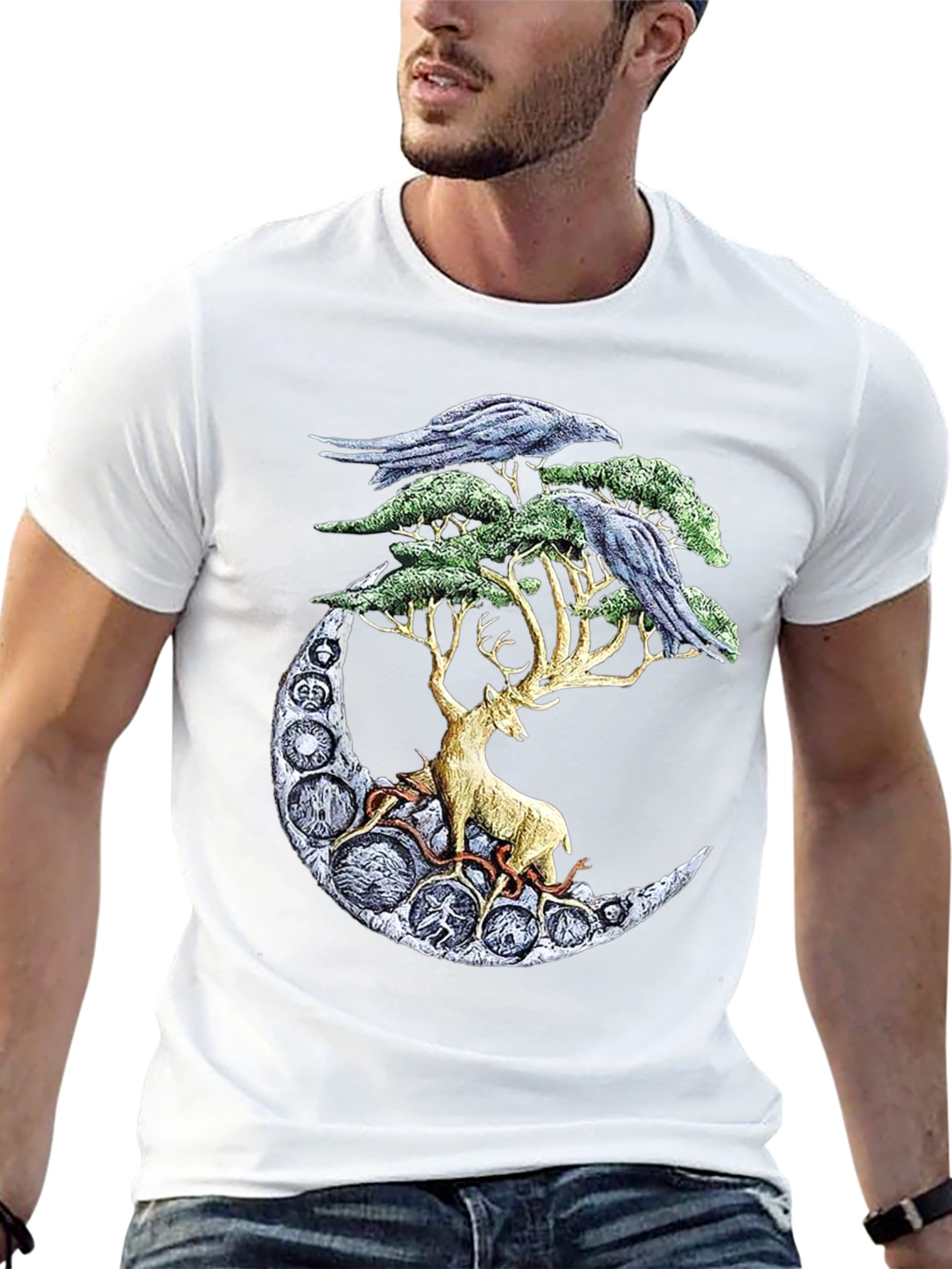 Deer Moon Ravens T-Shirt Graphic Black