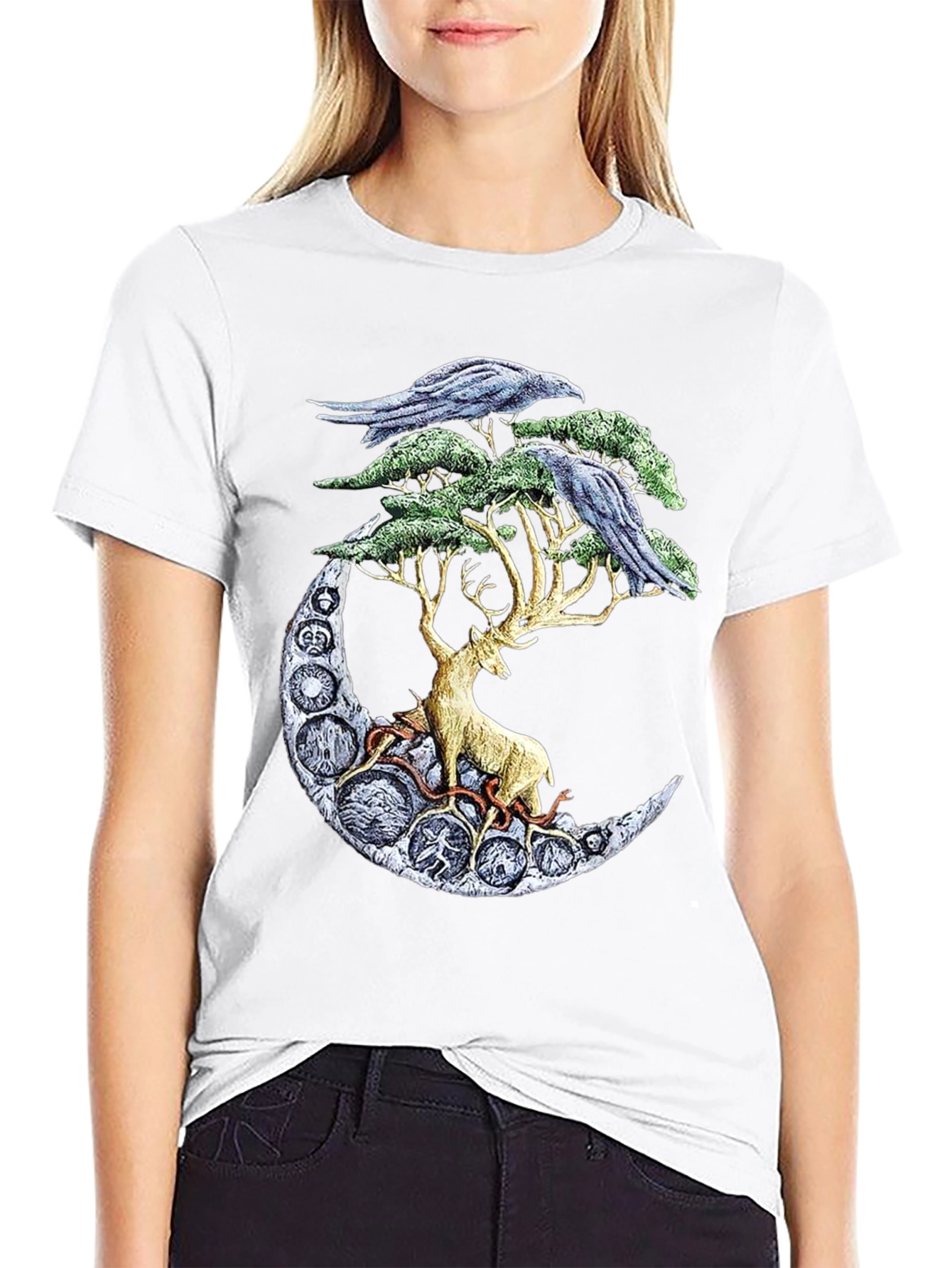 Deer Moon Ravens T-Shirt Graphic Black