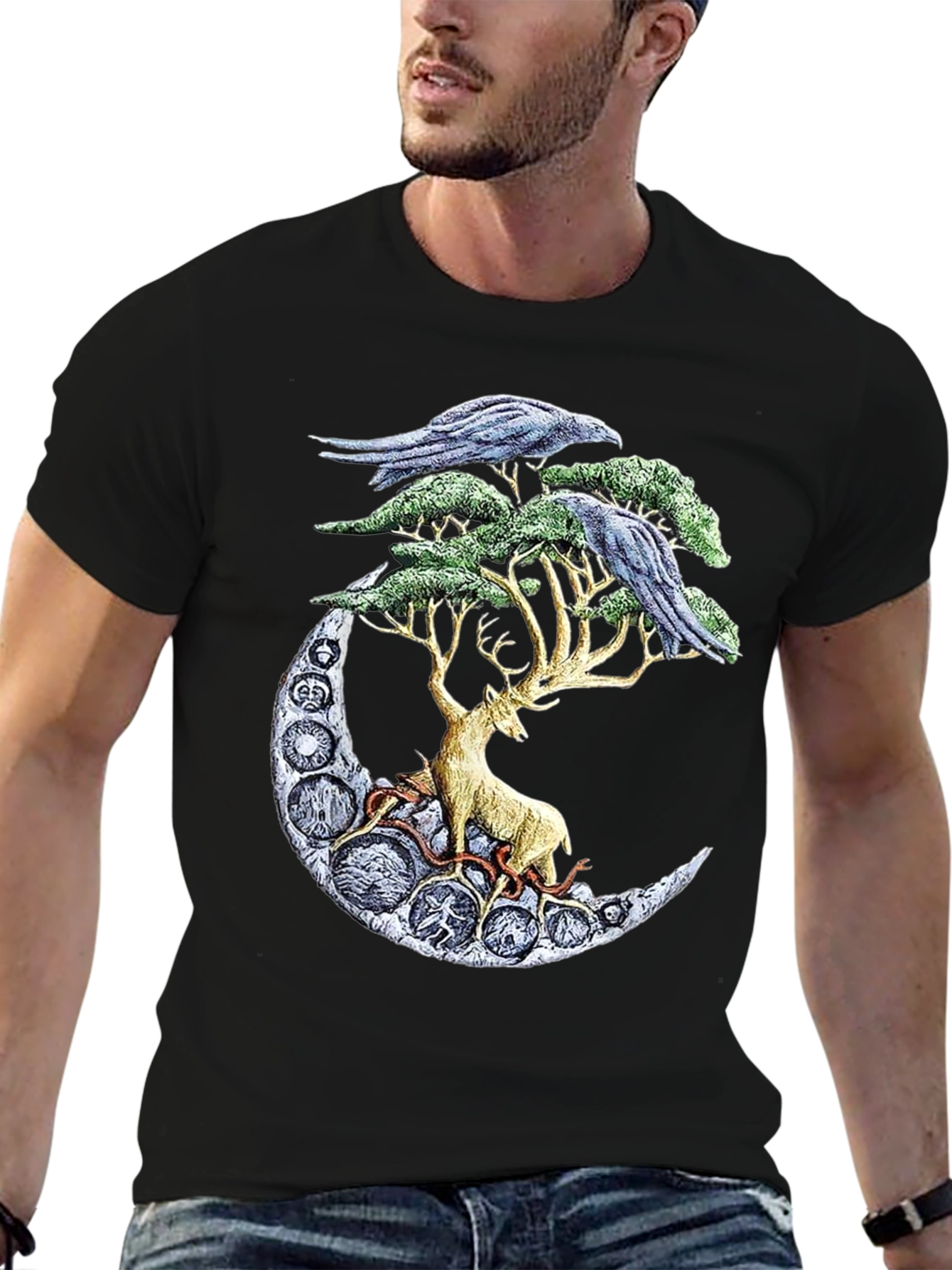 Deer Moon Ravens T-Shirt Graphic Black