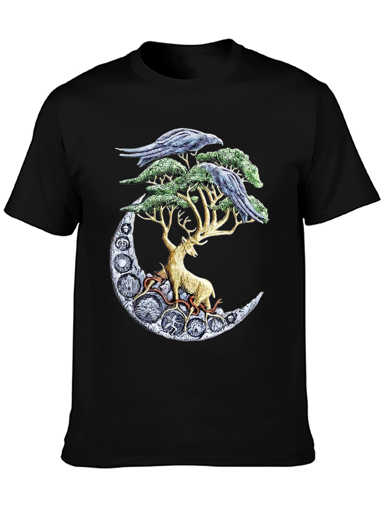 Deer Moon Ravens T-Shirt Graphic Black