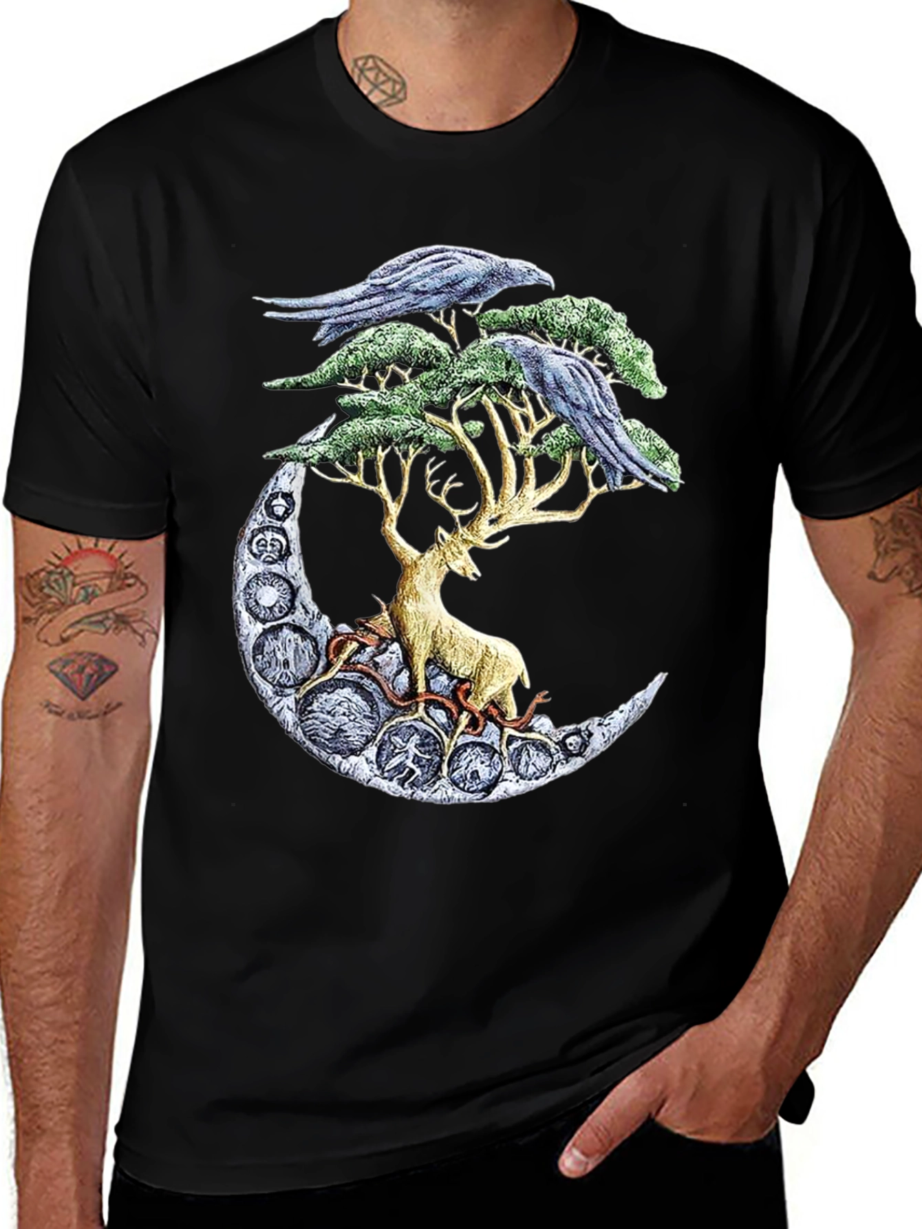 Deer Moon Ravens T-Shirt Graphic Black