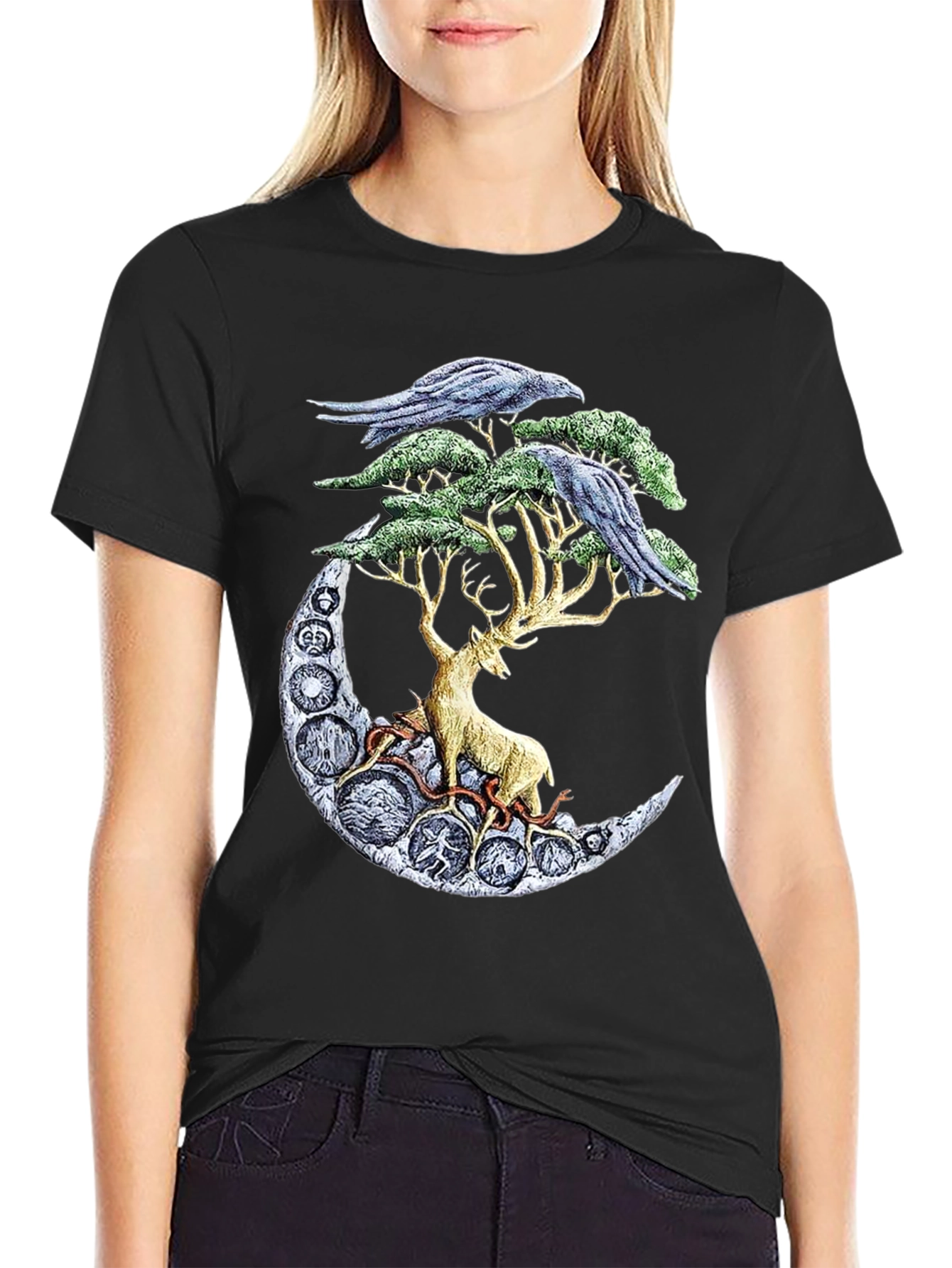 Deer Moon Ravens T-Shirt Graphic Black
