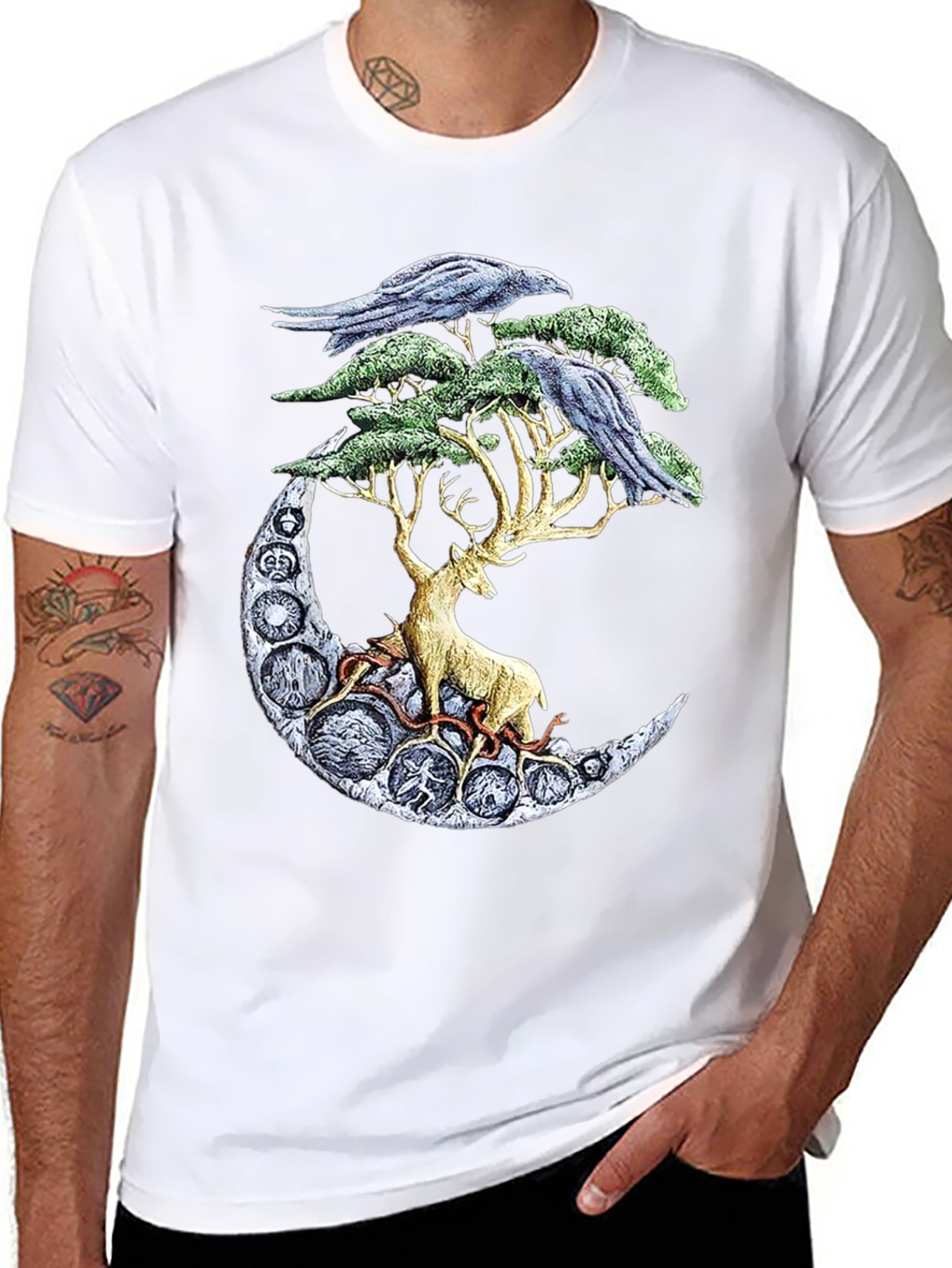 Deer Moon Ravens T-Shirt Graphic Black