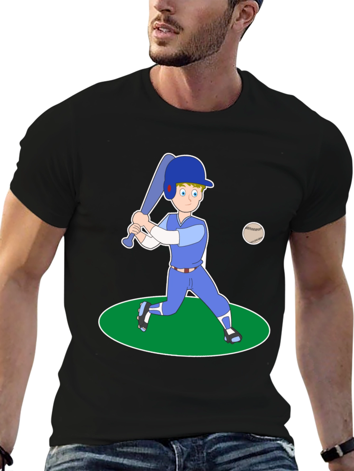 Cartoon Baseball Player Black T-Shirt