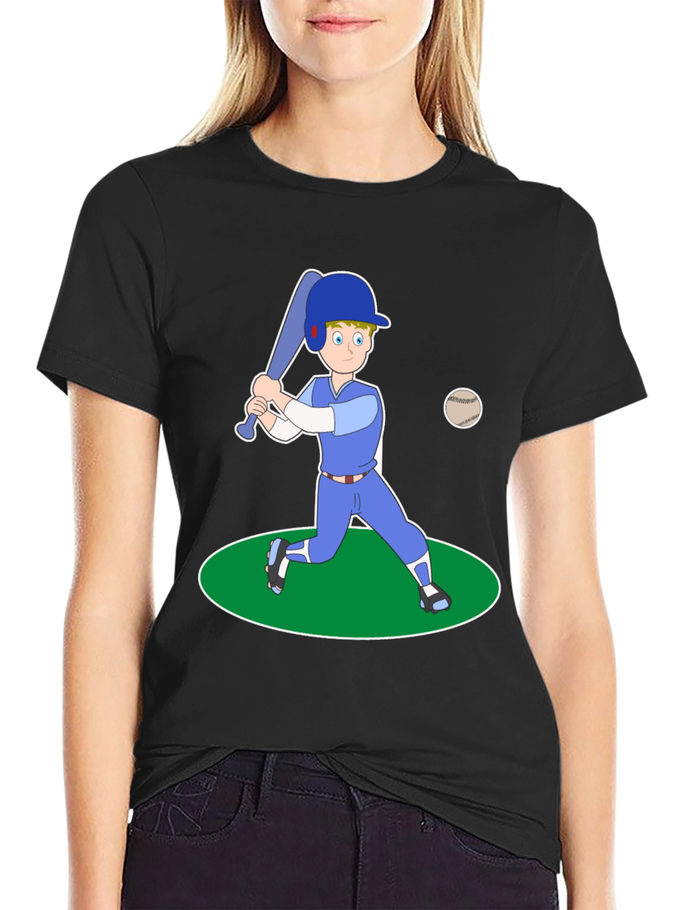 Cartoon Baseball Player Black T-Shirt