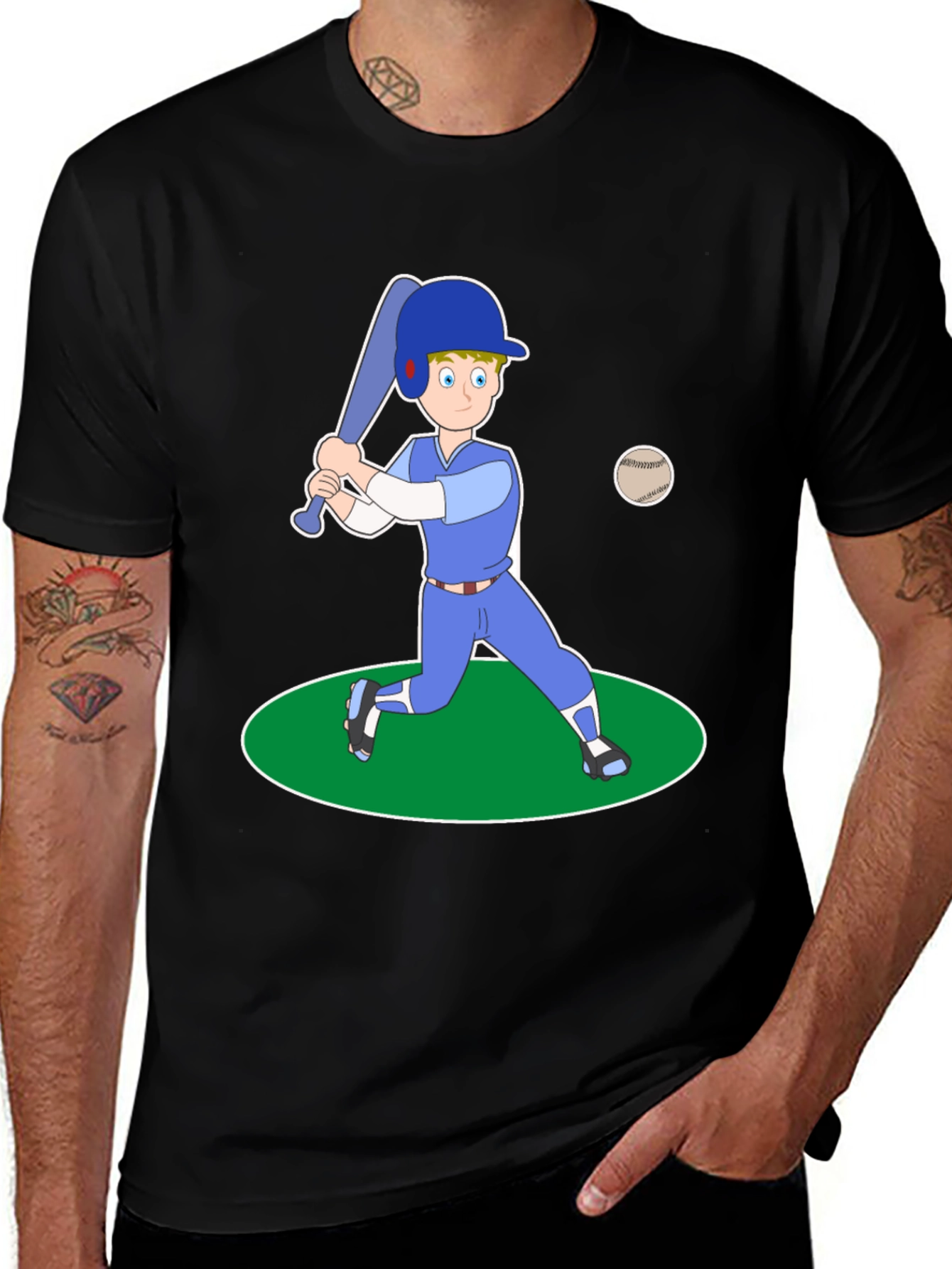 Cartoon Baseball Player Black T-Shirt