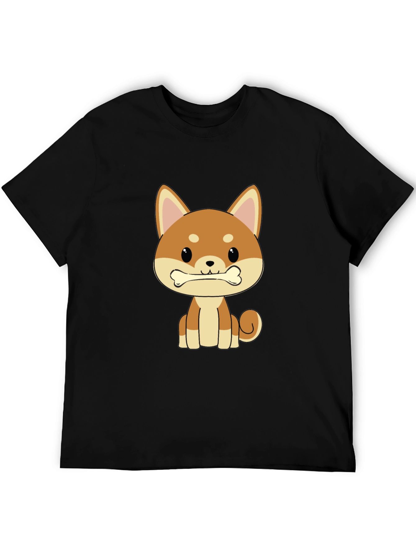 Cute Shiba Inu Dog Bone Graphic T-Shirt - Black