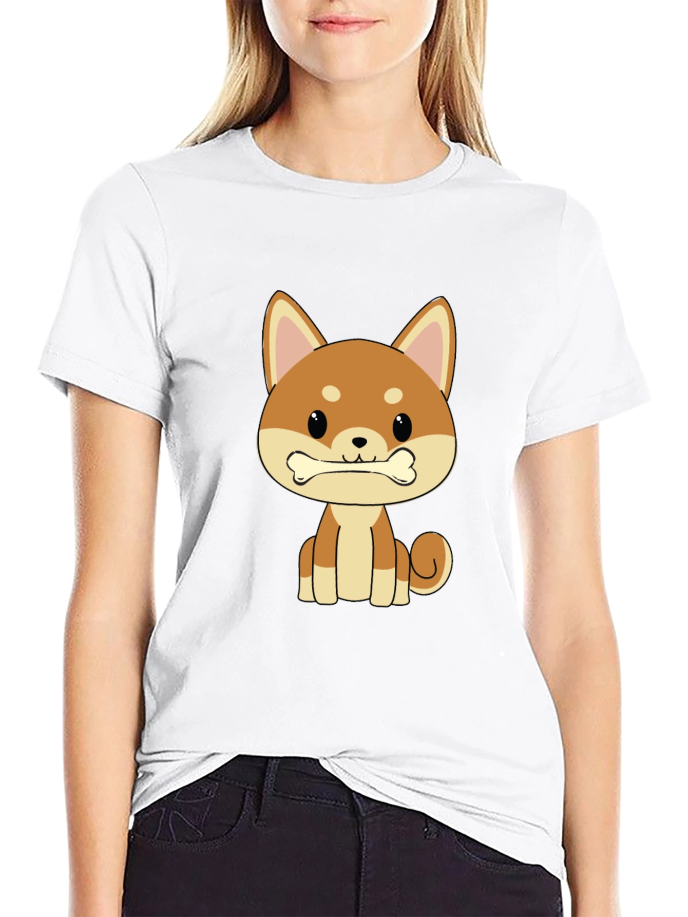 Cute Shiba Inu Dog Bone Graphic T-Shirt - Black