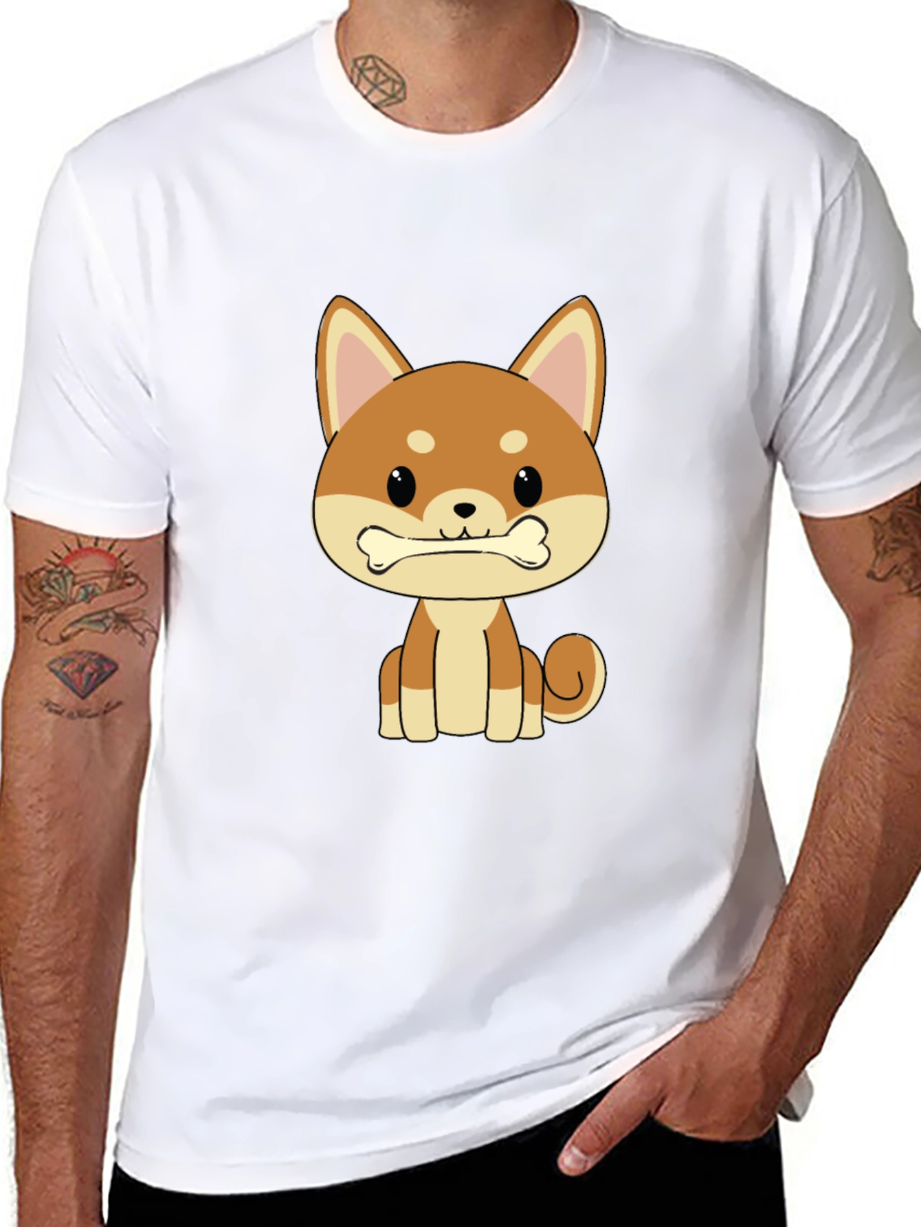 Cute Shiba Inu Dog Bone Graphic T-Shirt - Black