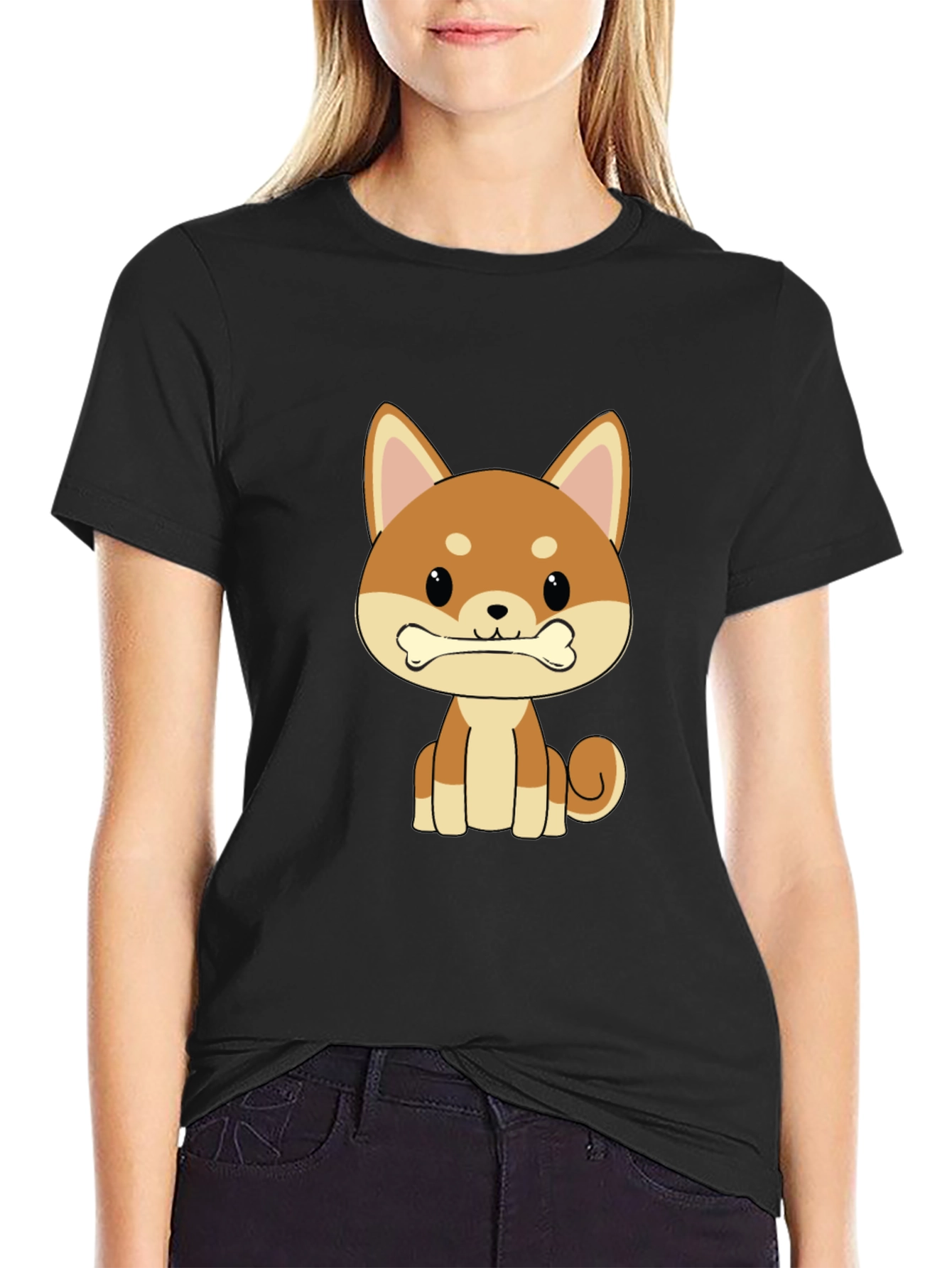 Cute Shiba Inu Dog Bone Graphic T-Shirt - Black