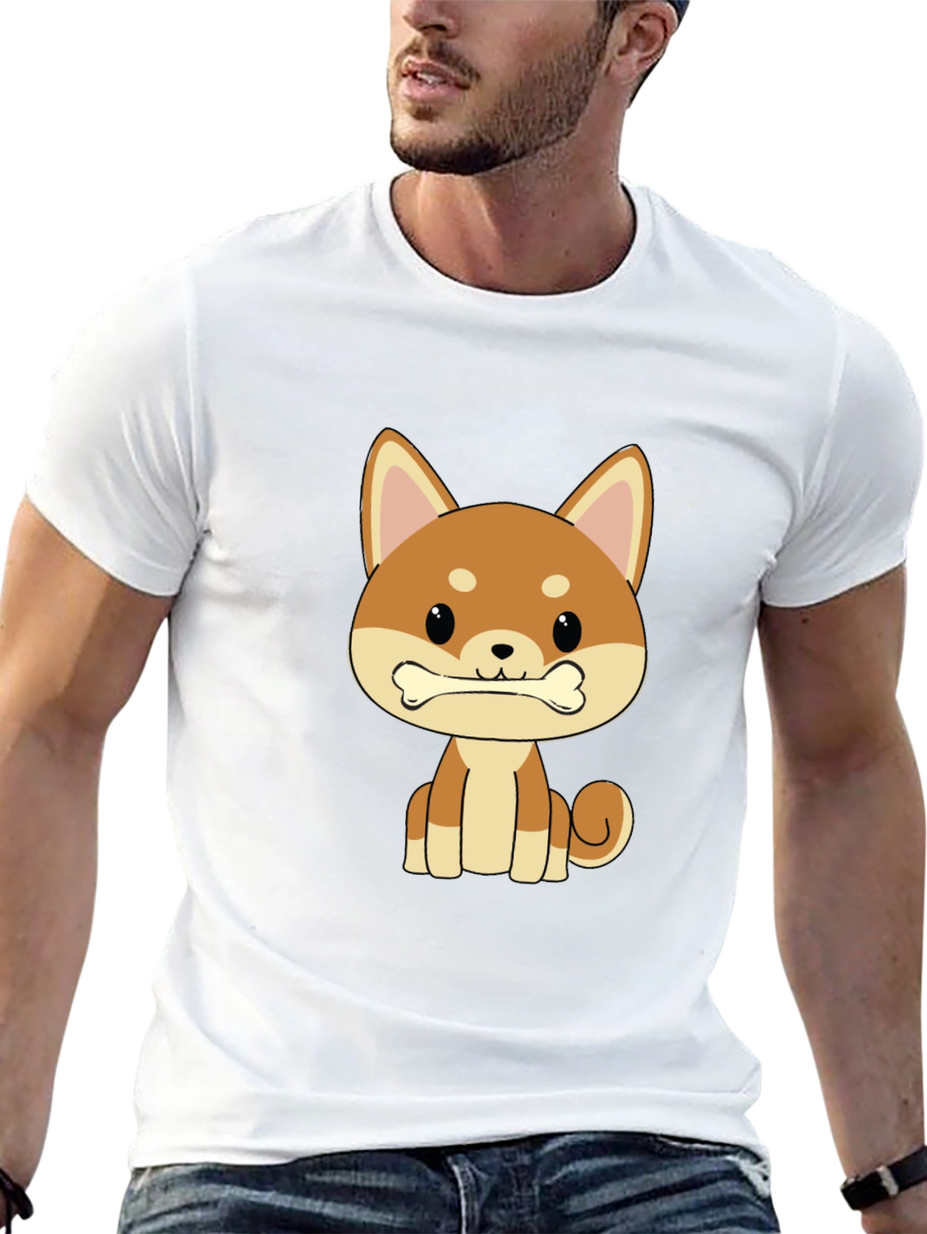 Cute Shiba Inu Dog Bone Graphic T-Shirt - Black
