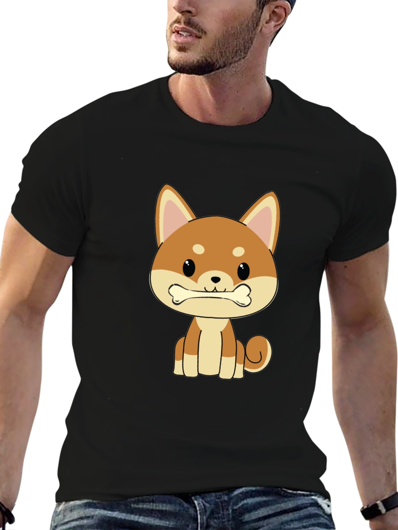 Cute Shiba Inu Dog Bone Graphic T-Shirt - Black
