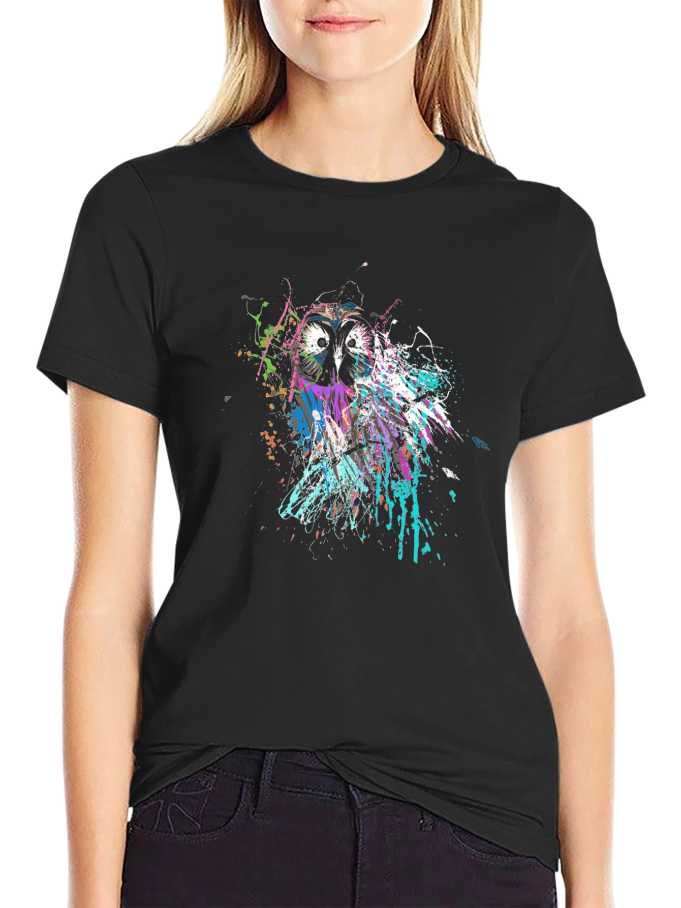Owl Splatter Print Black T-Shirt