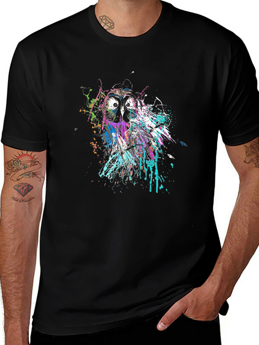 Owl Splatter Print Black T-Shirt