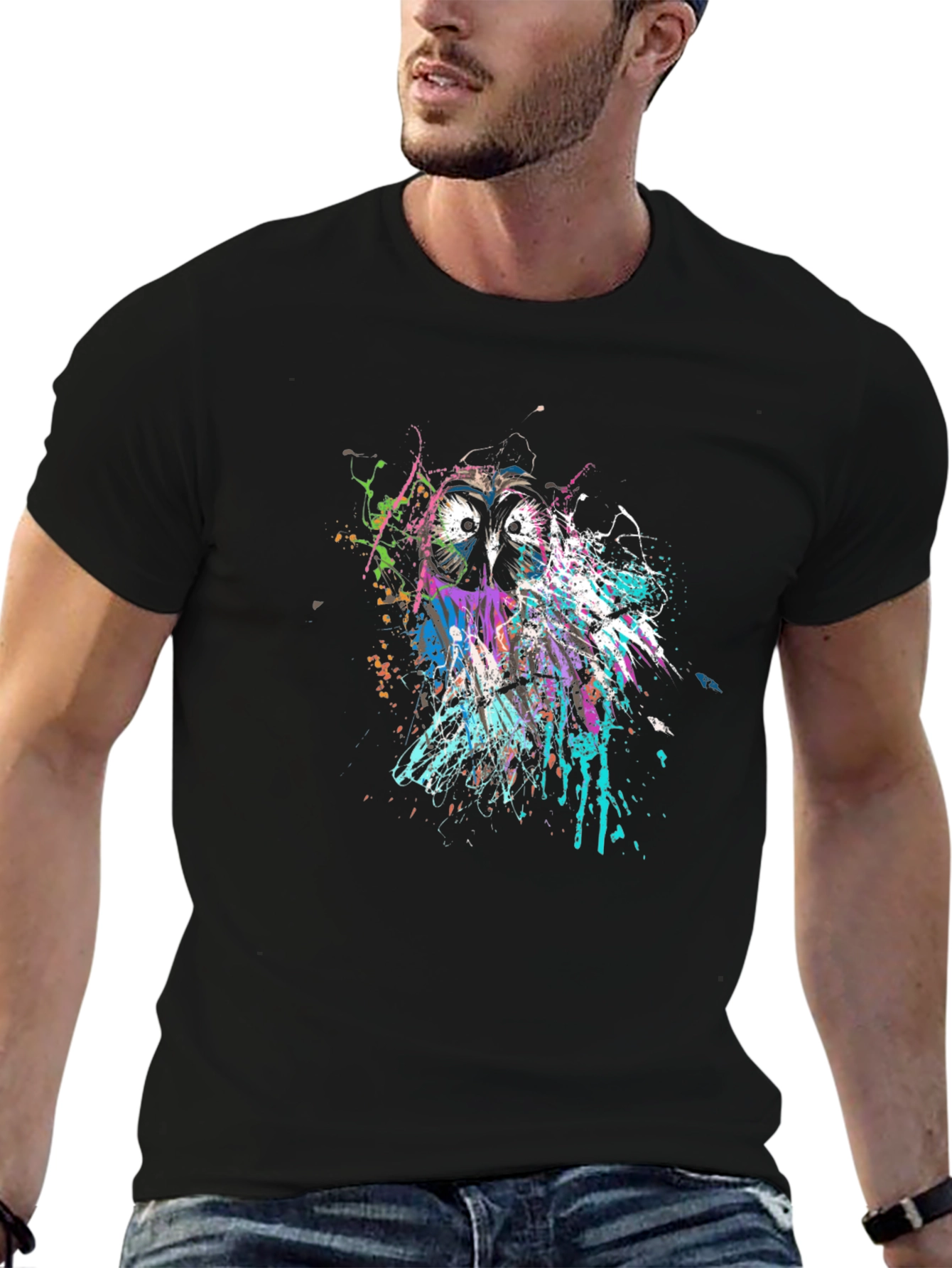Owl Splatter Print Black T-Shirt