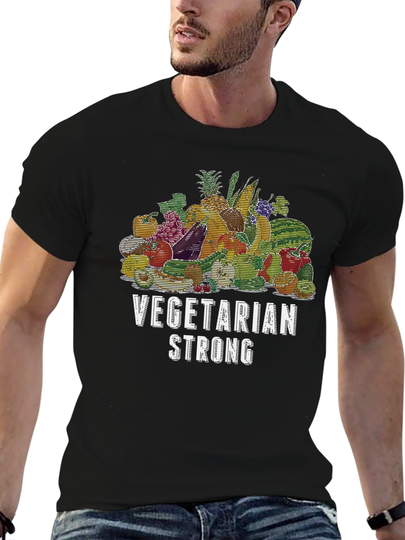 Vegetarian Strong Graphic T-Shirt Black Crew Neck Tee