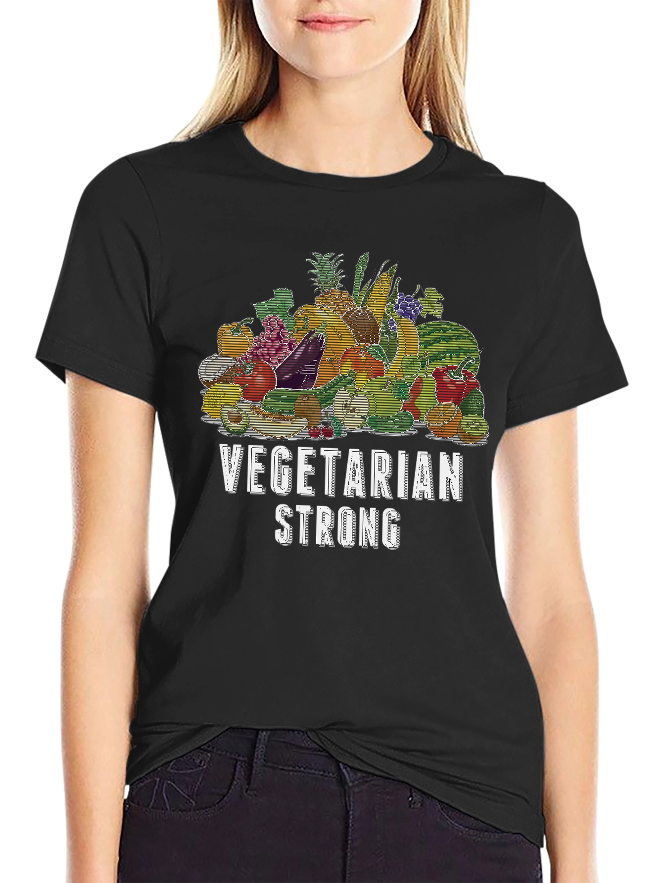 Vegetarian Strong Graphic T-Shirt Black Crew Neck Tee