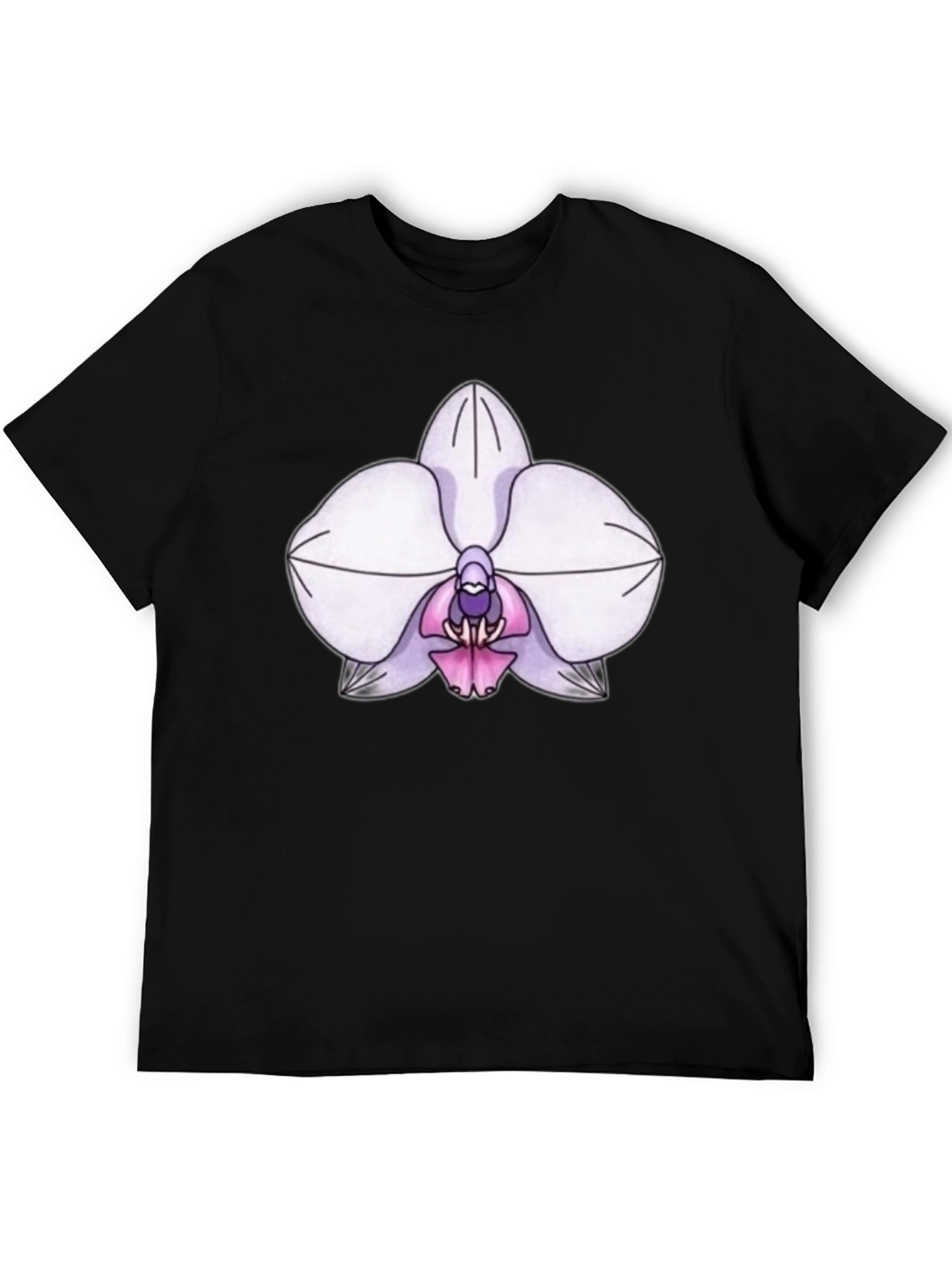 Orchid Flower Print T-Shirt - Black Casual Tee