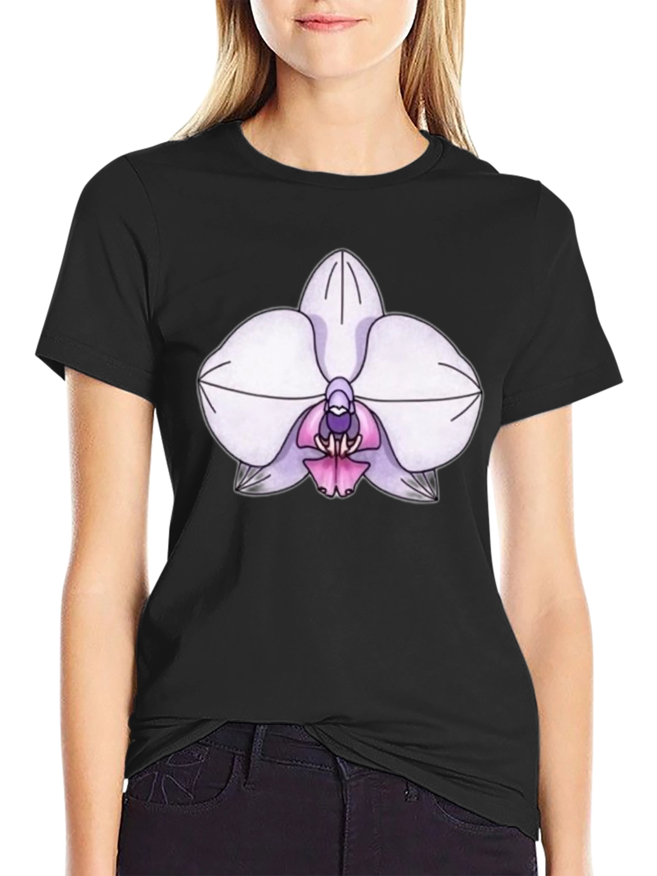 Orchid Flower Print T-Shirt - Black Casual Tee