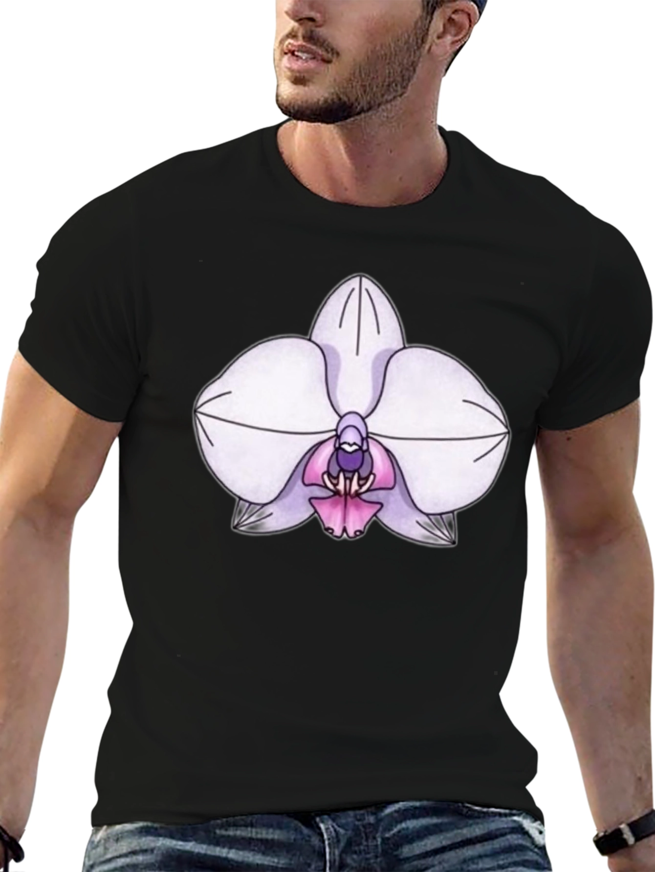 Orchid Flower Print T-Shirt - Black Casual Tee