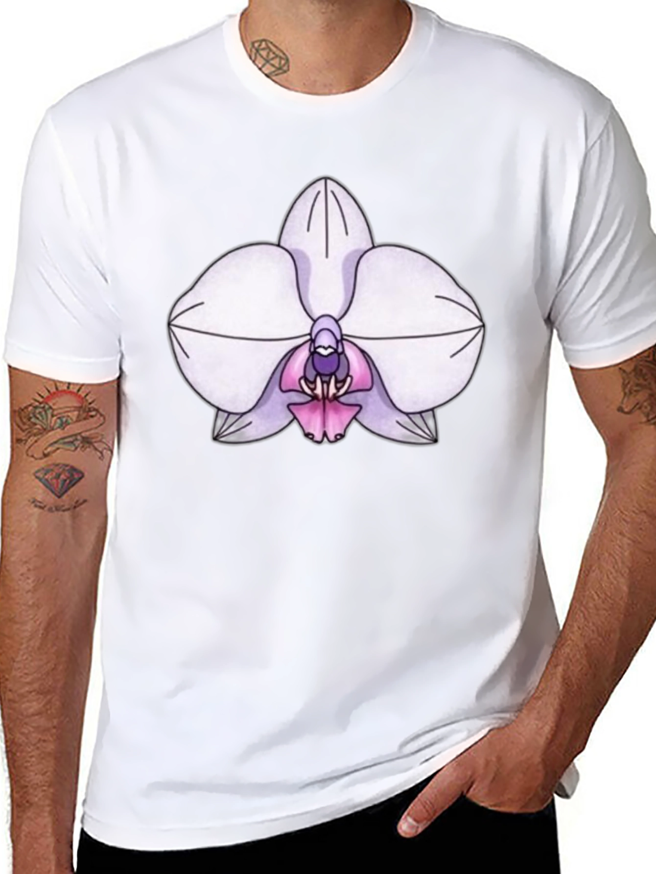 Orchid Flower Print T-Shirt - Black Casual Tee