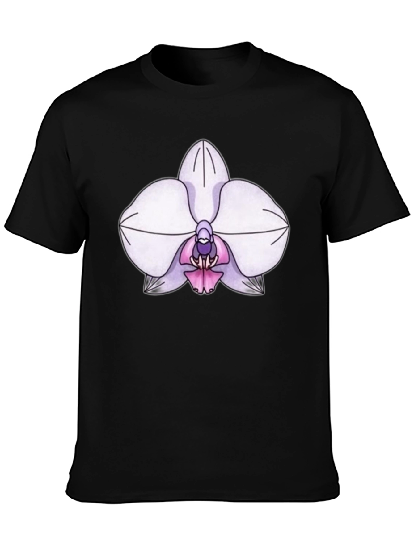 Orchid Flower Print T-Shirt - Black Casual Tee