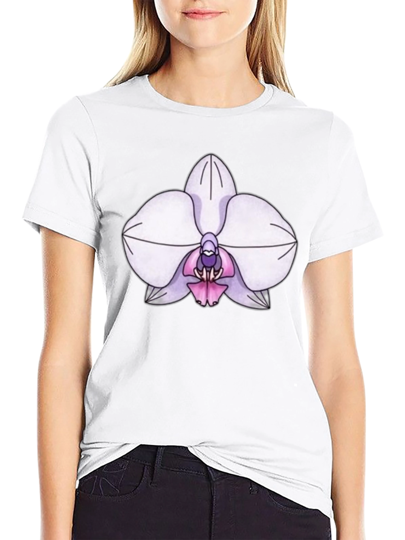 Orchid Flower Print T-Shirt - Black Casual Tee