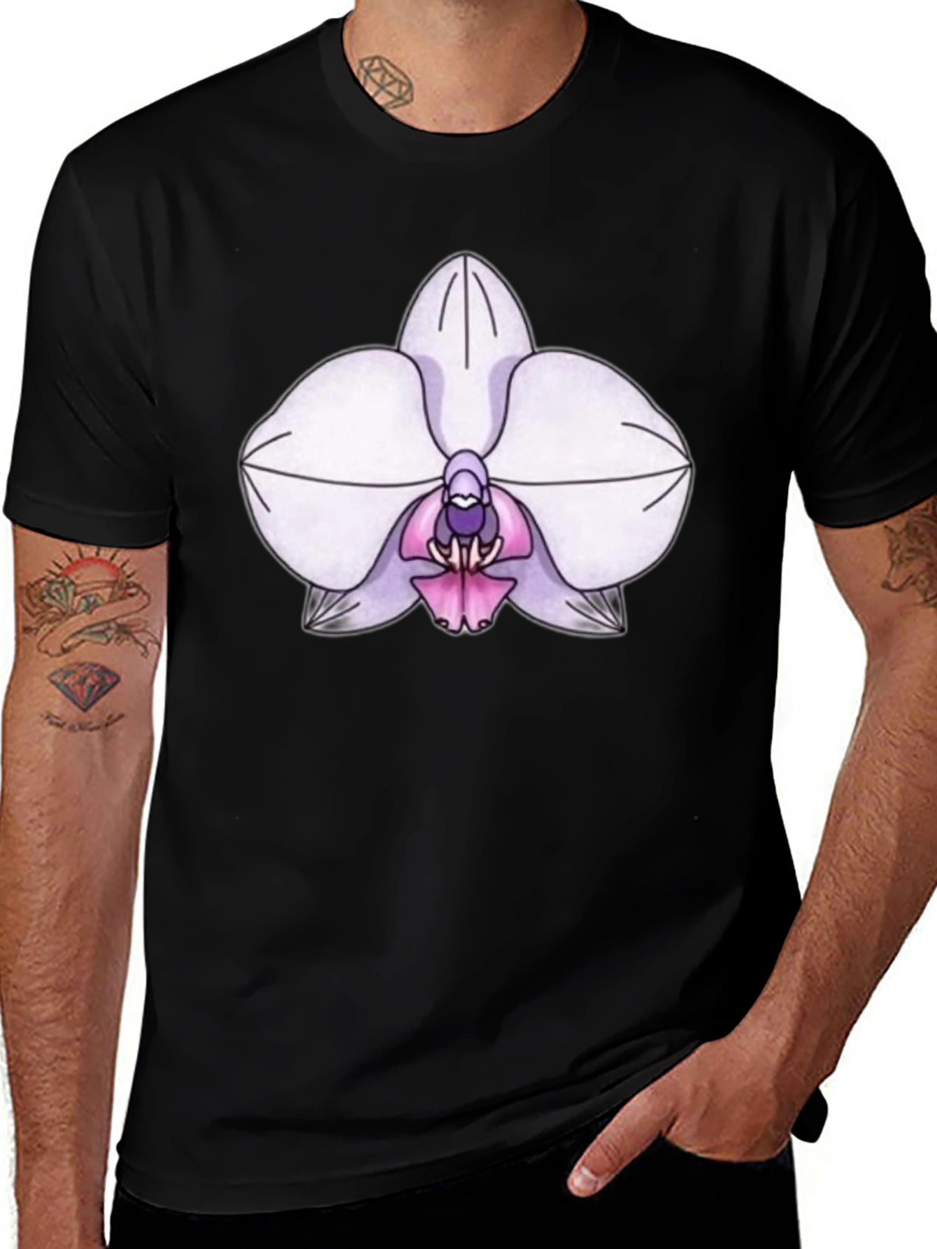 Orchid Flower Print T-Shirt - Black Casual Tee