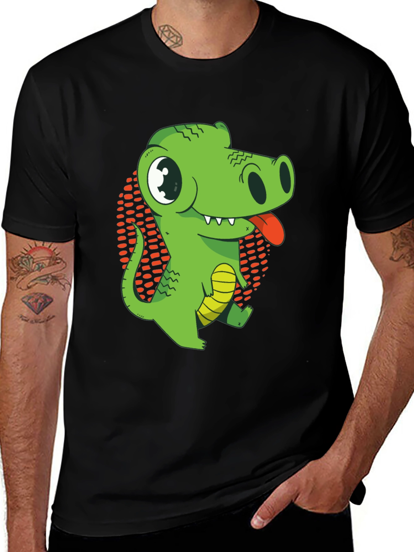 Cartoon Crocodile Graphic T-Shirt - Black Cotton Tee
