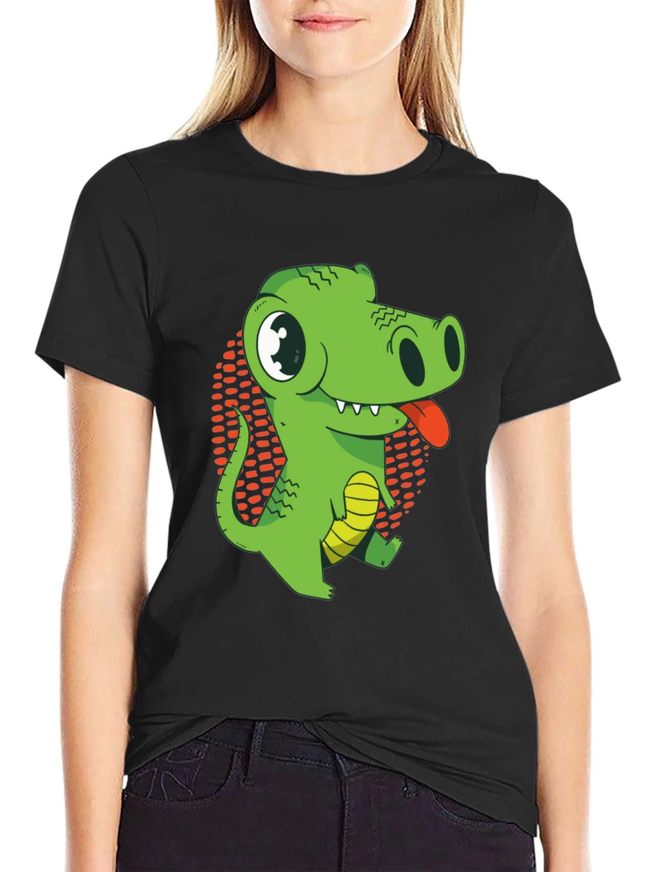 Cartoon Crocodile Graphic T-Shirt - Black Cotton Tee
