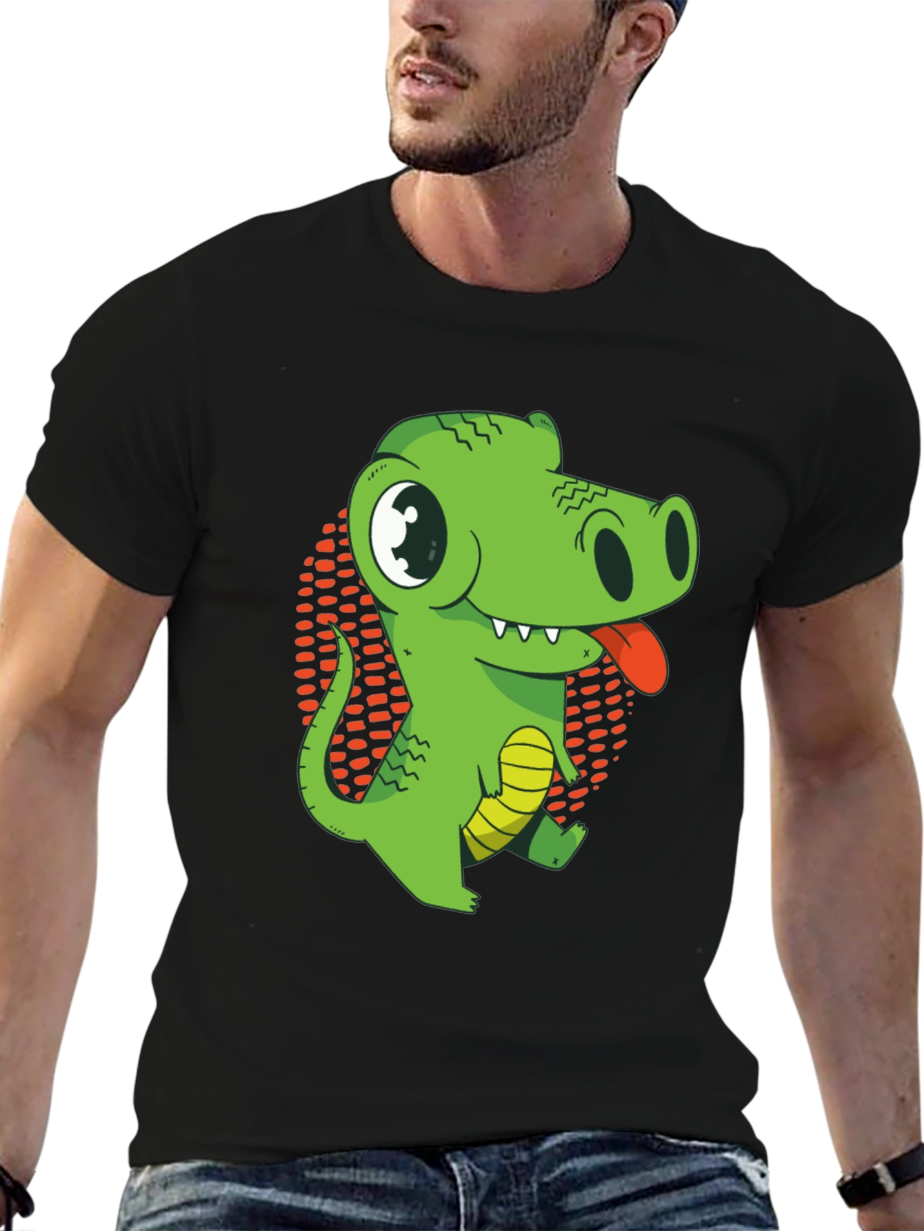 Cartoon Crocodile Graphic T-Shirt - Black Cotton Tee