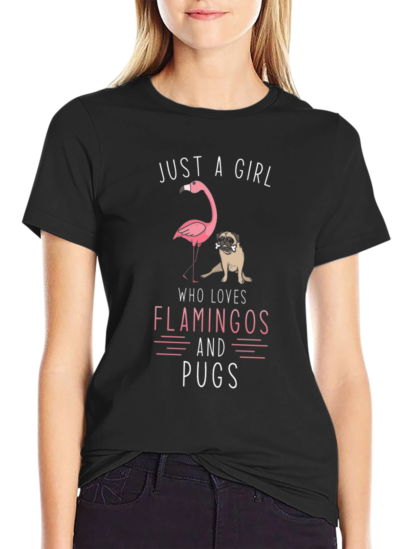 Just A Girl Who Loves Flamingos and Pugs T-Shirt