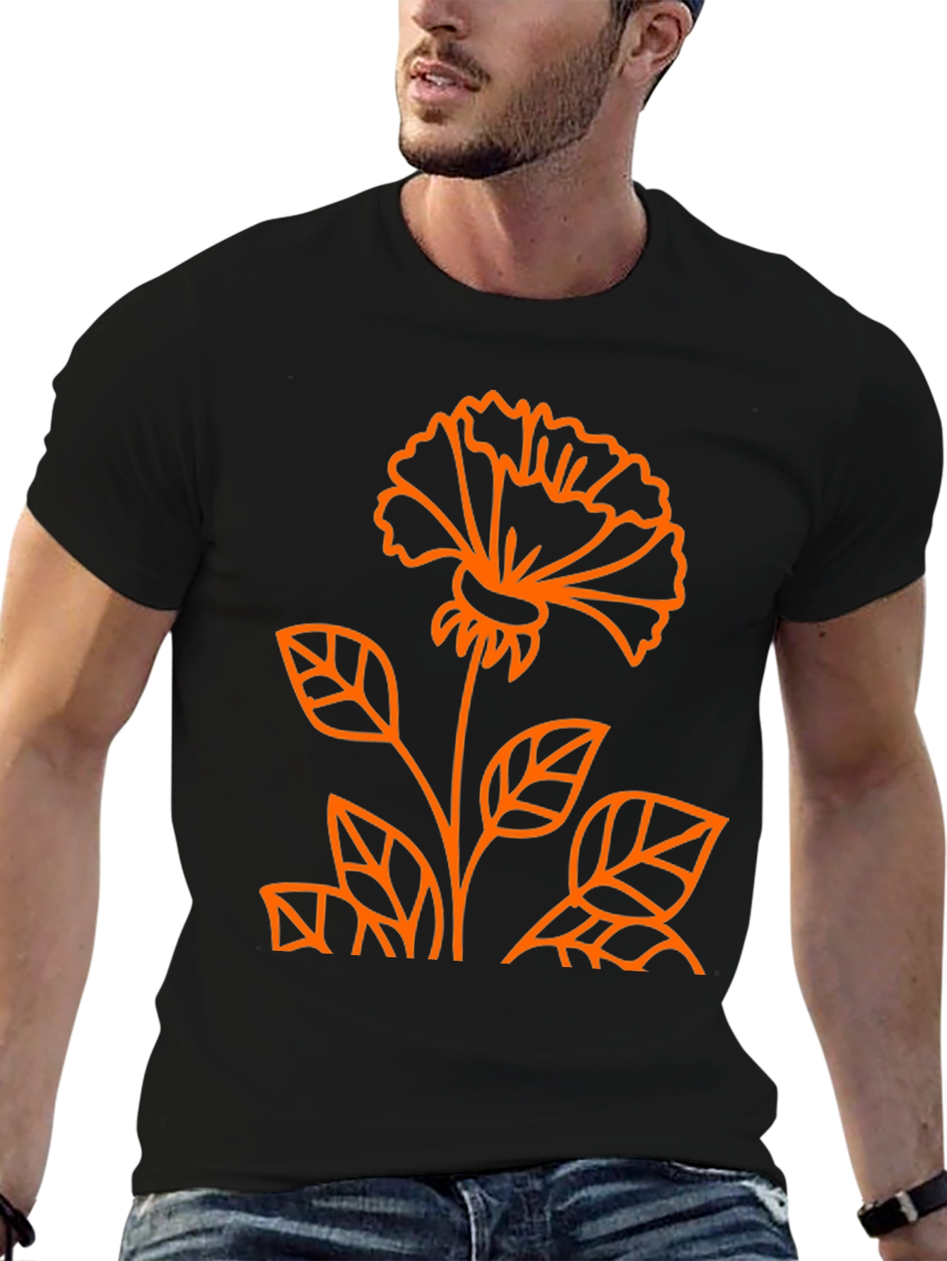 Black Tee with Orange Flower Graphic