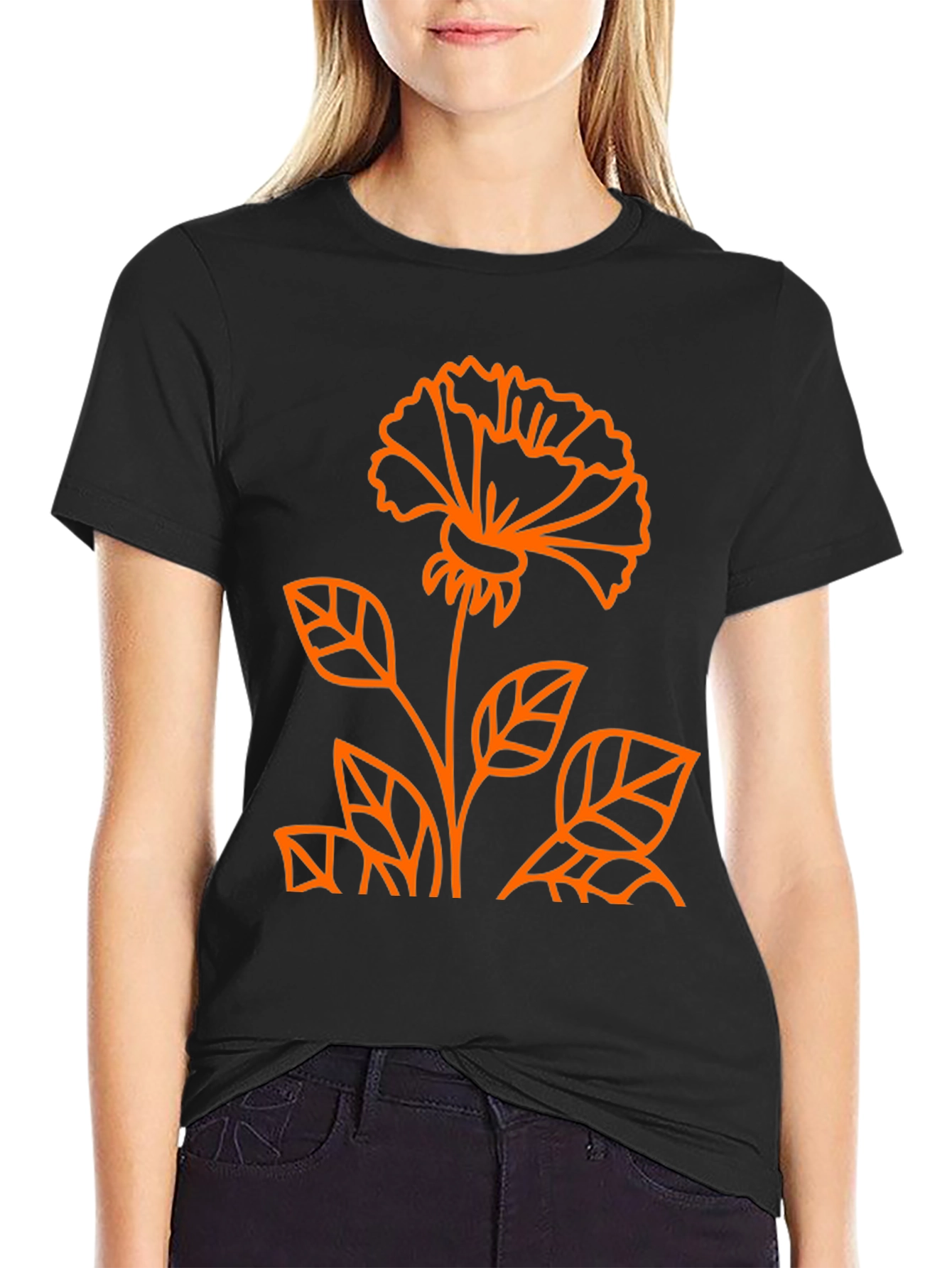 Black Tee with Orange Flower Graphic