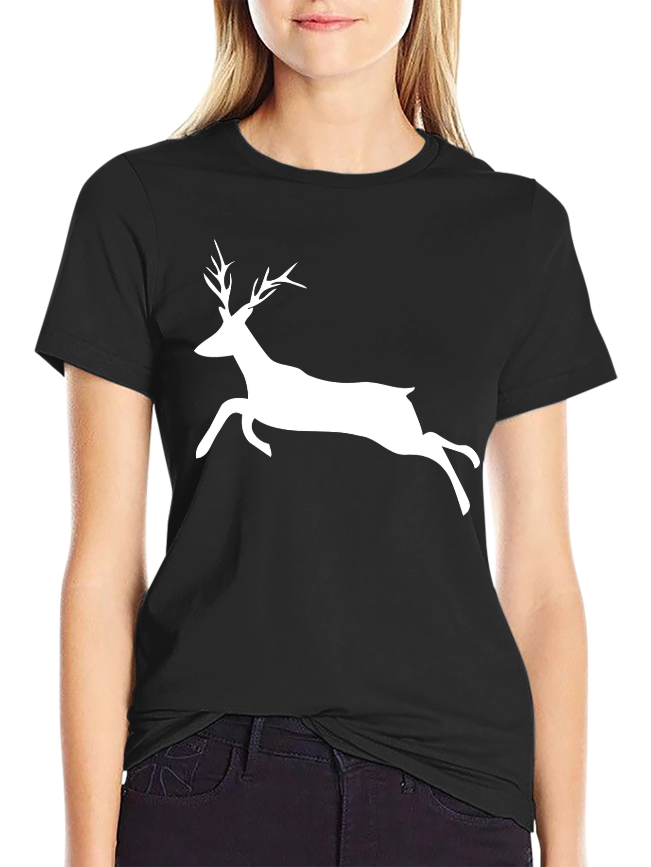 Mens Black T-Shirt with White Deer Graphic