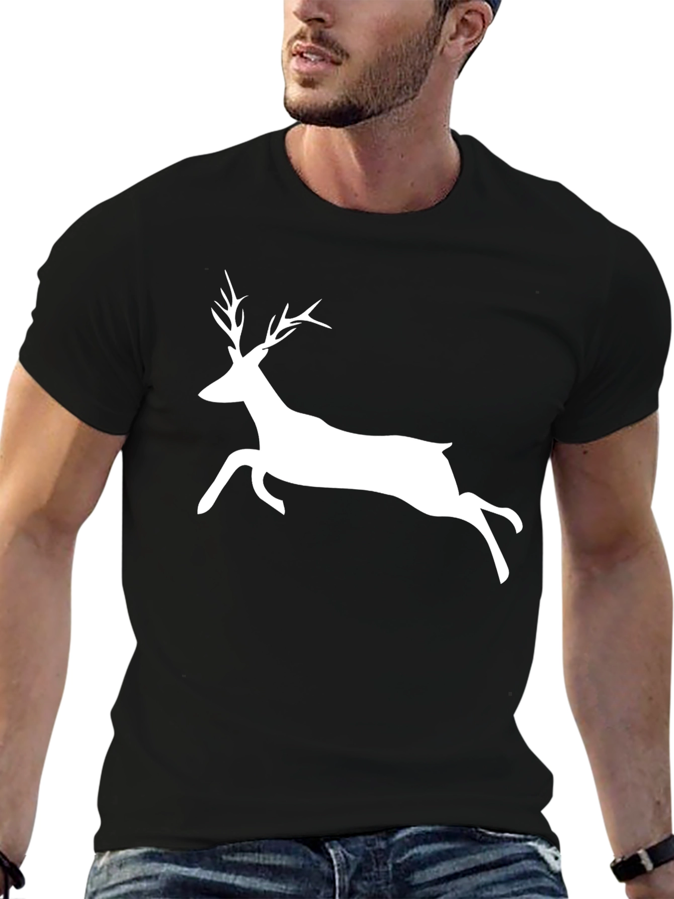 Mens Black T-Shirt with White Deer Graphic