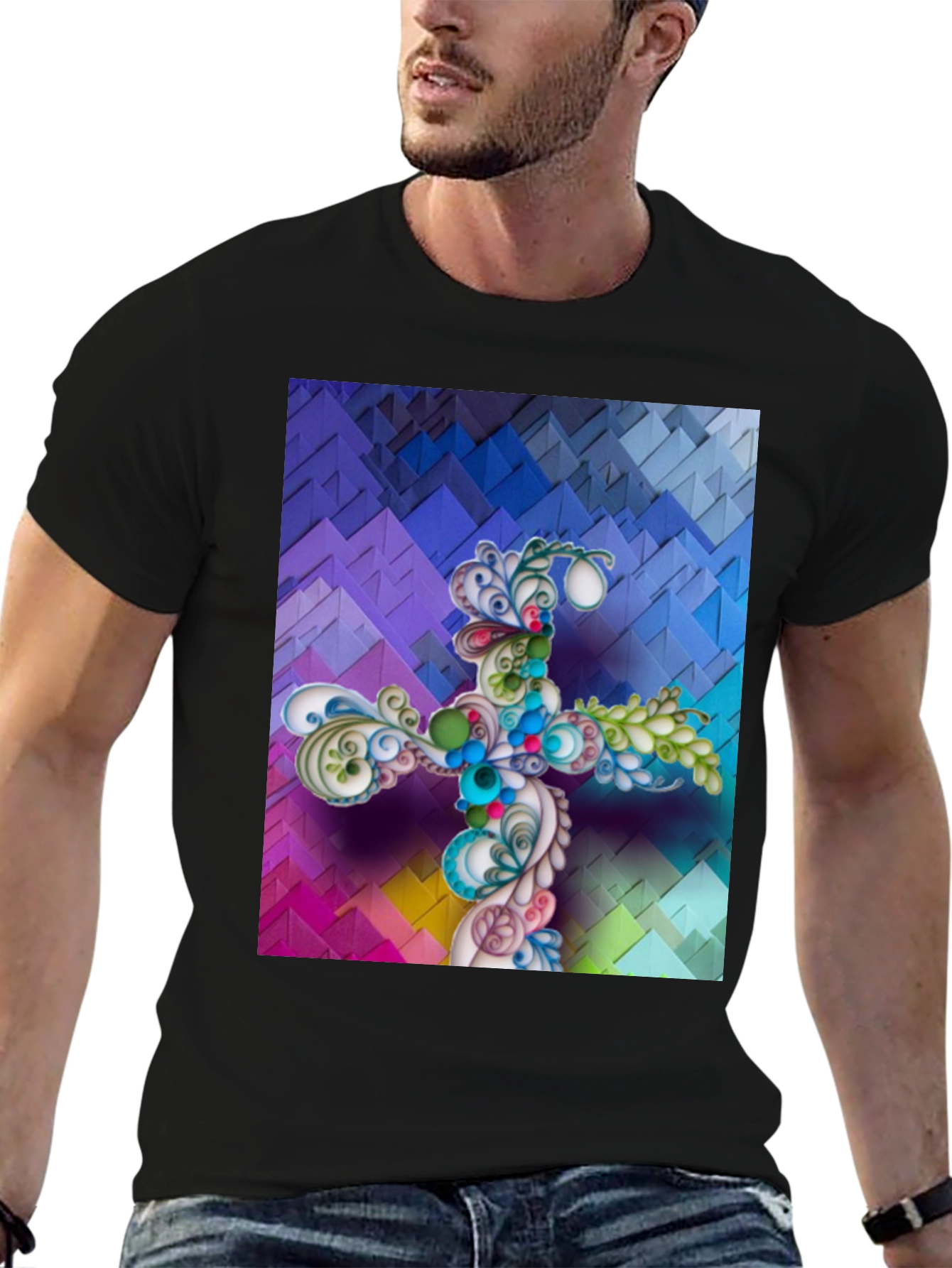Artistic Floral Cross Graphic T-Shirt - Unique Design