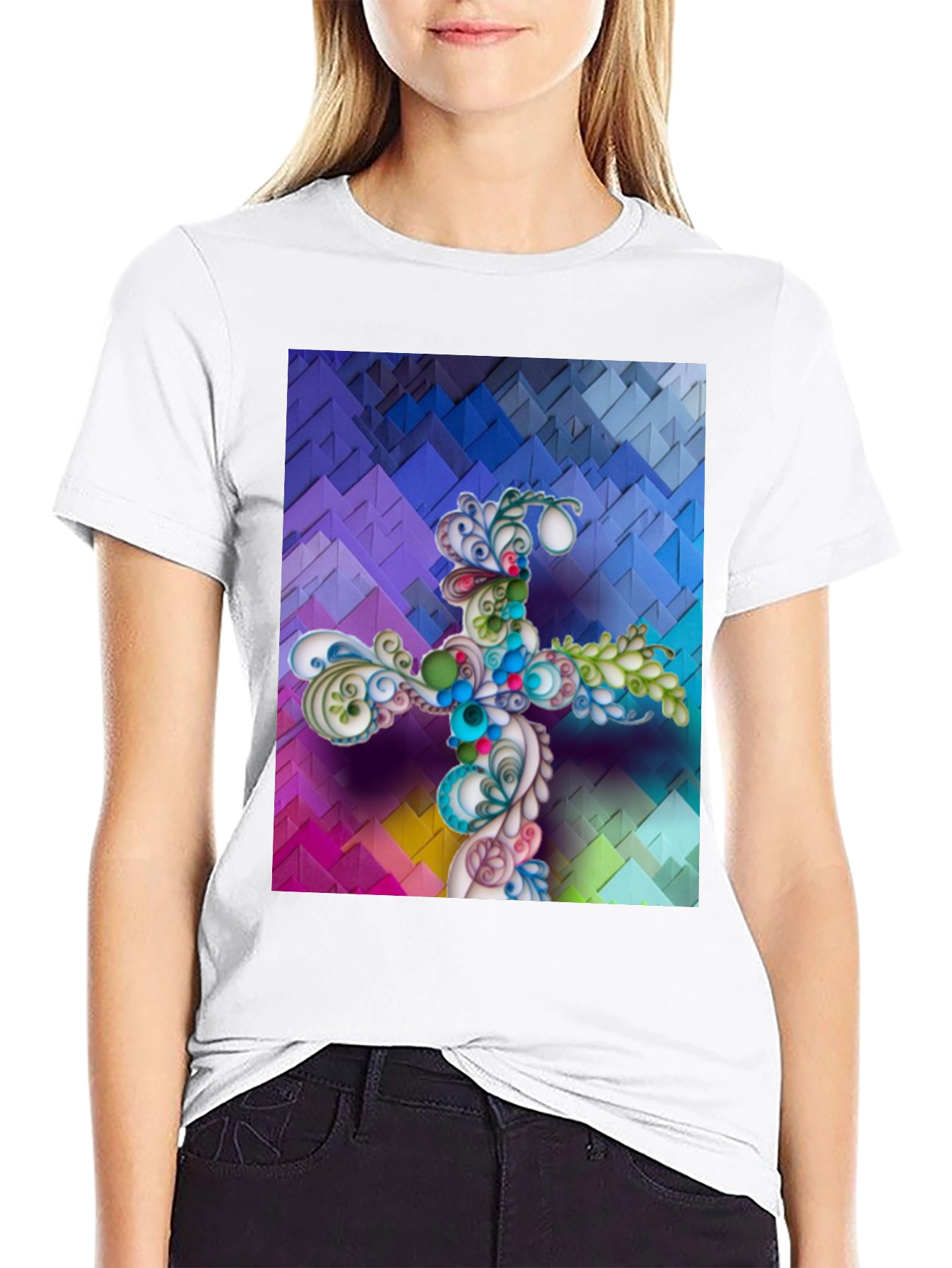 Artistic Floral Cross Graphic T-Shirt - Unique Design